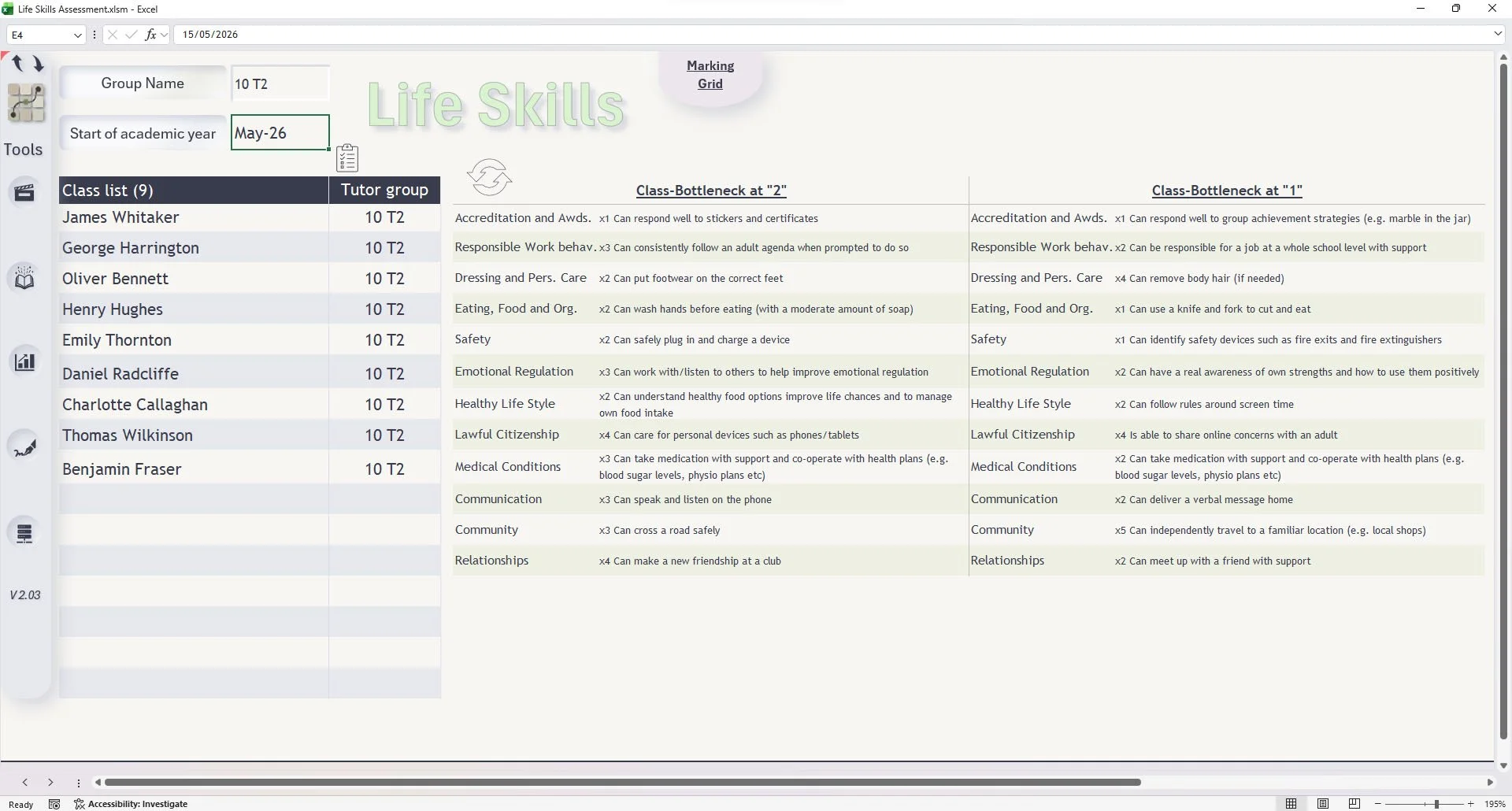 Screenshot of an Excel spreadsheet titled 'Life Skills Assessment' with a list of students, their tutor groups, and assessments of various life skills such as responsibility, dress, eating, safety, emotional regulation, healthy life style, lawful citizenship, medical conditions, communication, community, and relationships.
