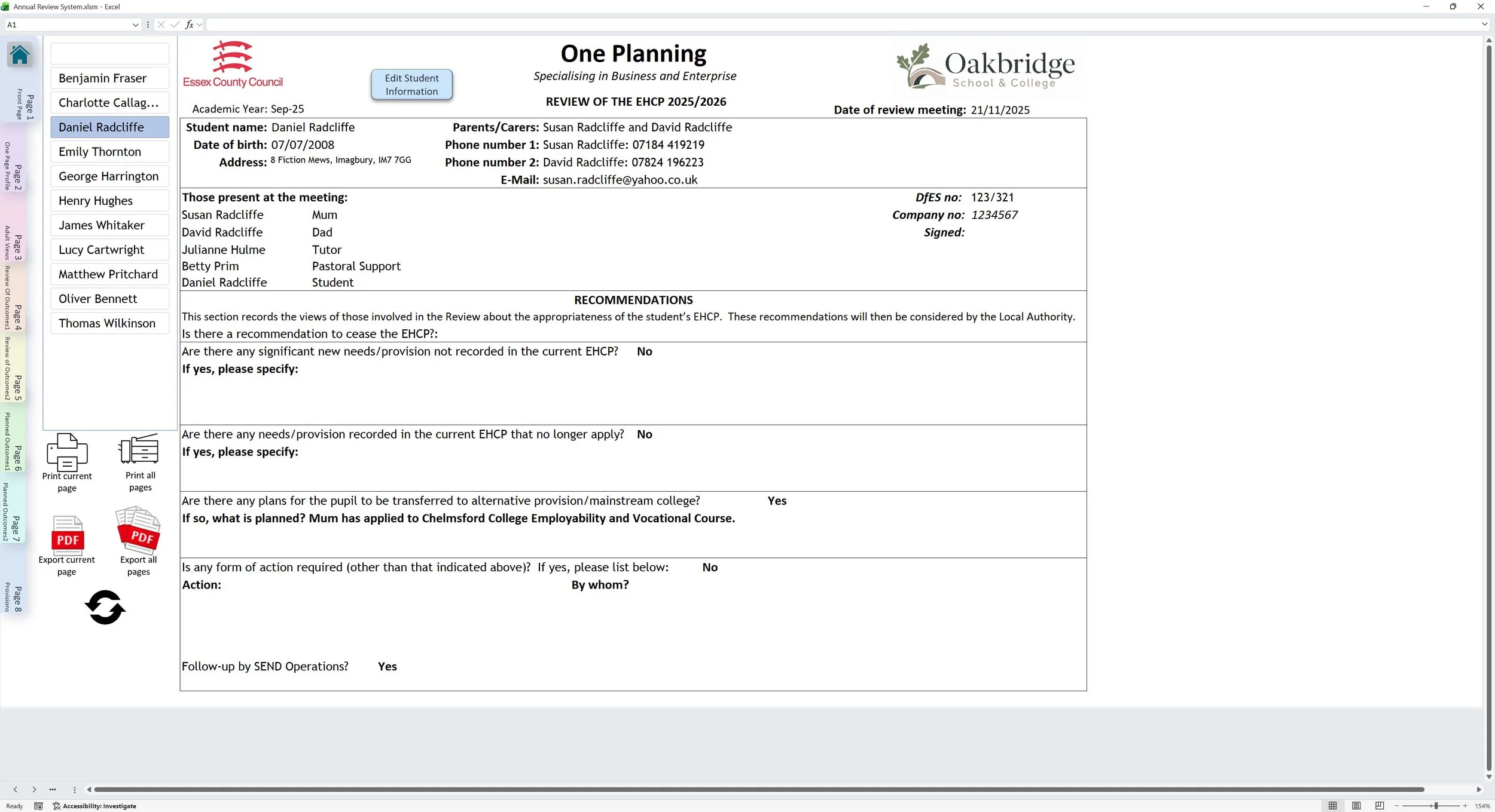 Screenshot of annual review paperwork generated from the Annual Review System, with options for printing and exporting.
