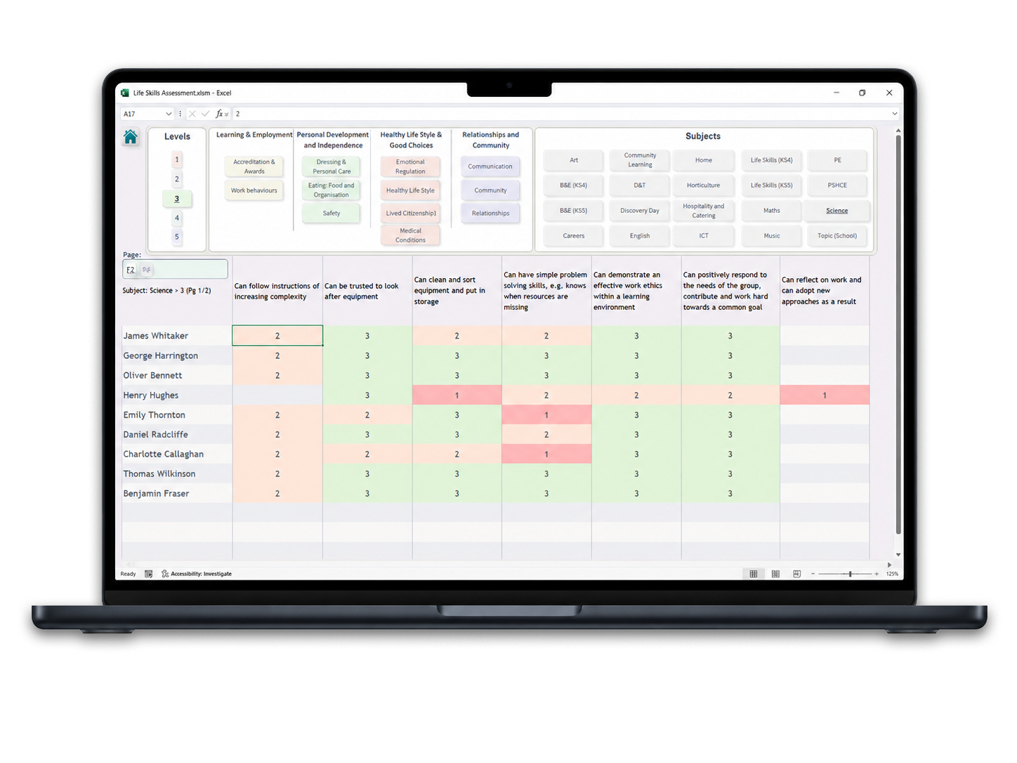 Open laptop displaying a spreadsheet titled 'Life Skills Assessment' with various assessment scores for individuals, charts, and categories related to science and education.