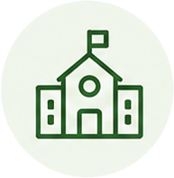 Green line drawing of a school building with a flag on top, set against a light circular background.