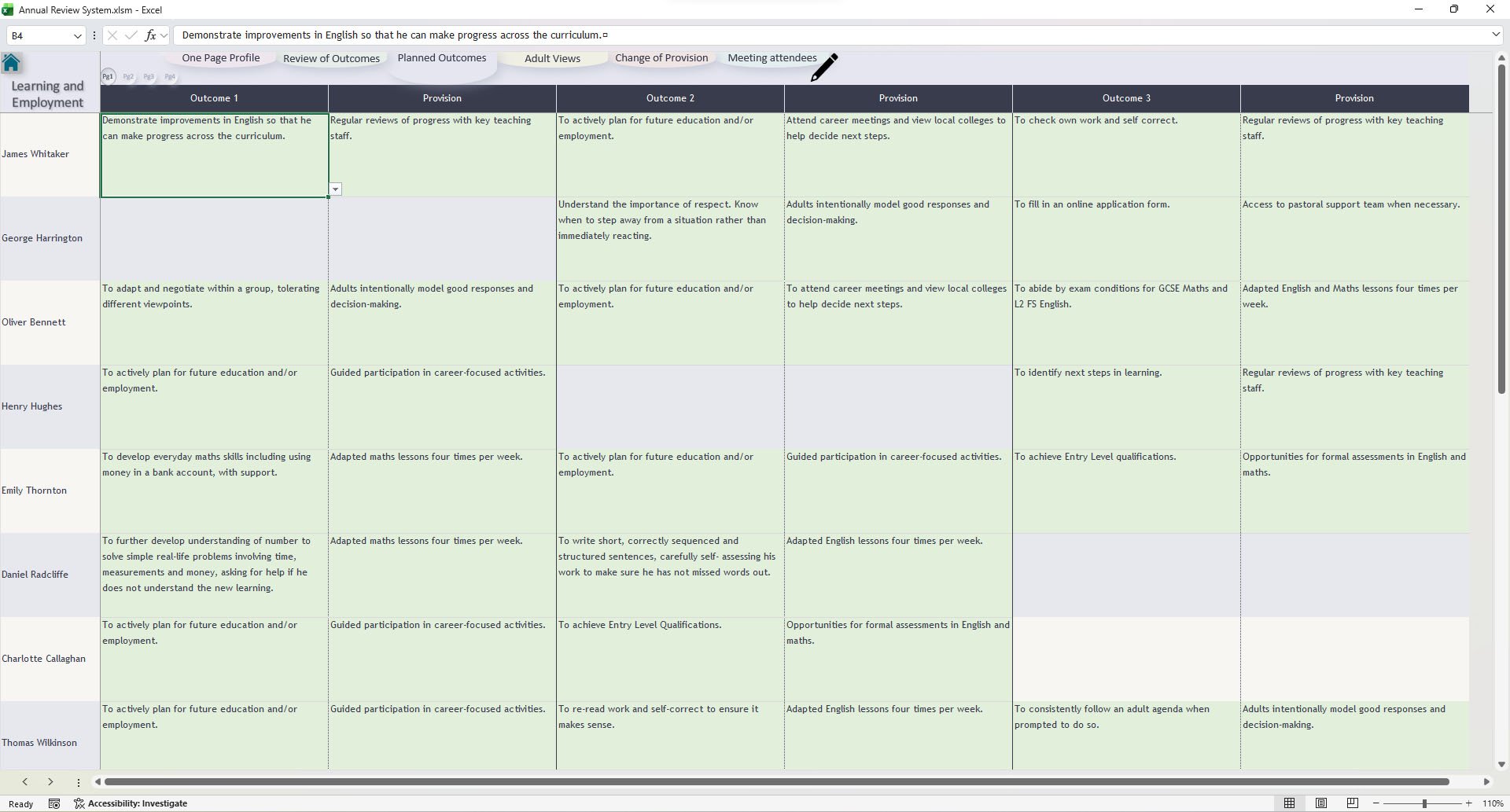 Screenshot of the Annual Review System planned outcomes section showing targets, provision details and planned support.