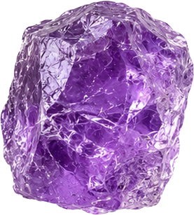 A large purple crystal with a rough, irregular shape and a shiny, transparent surface.