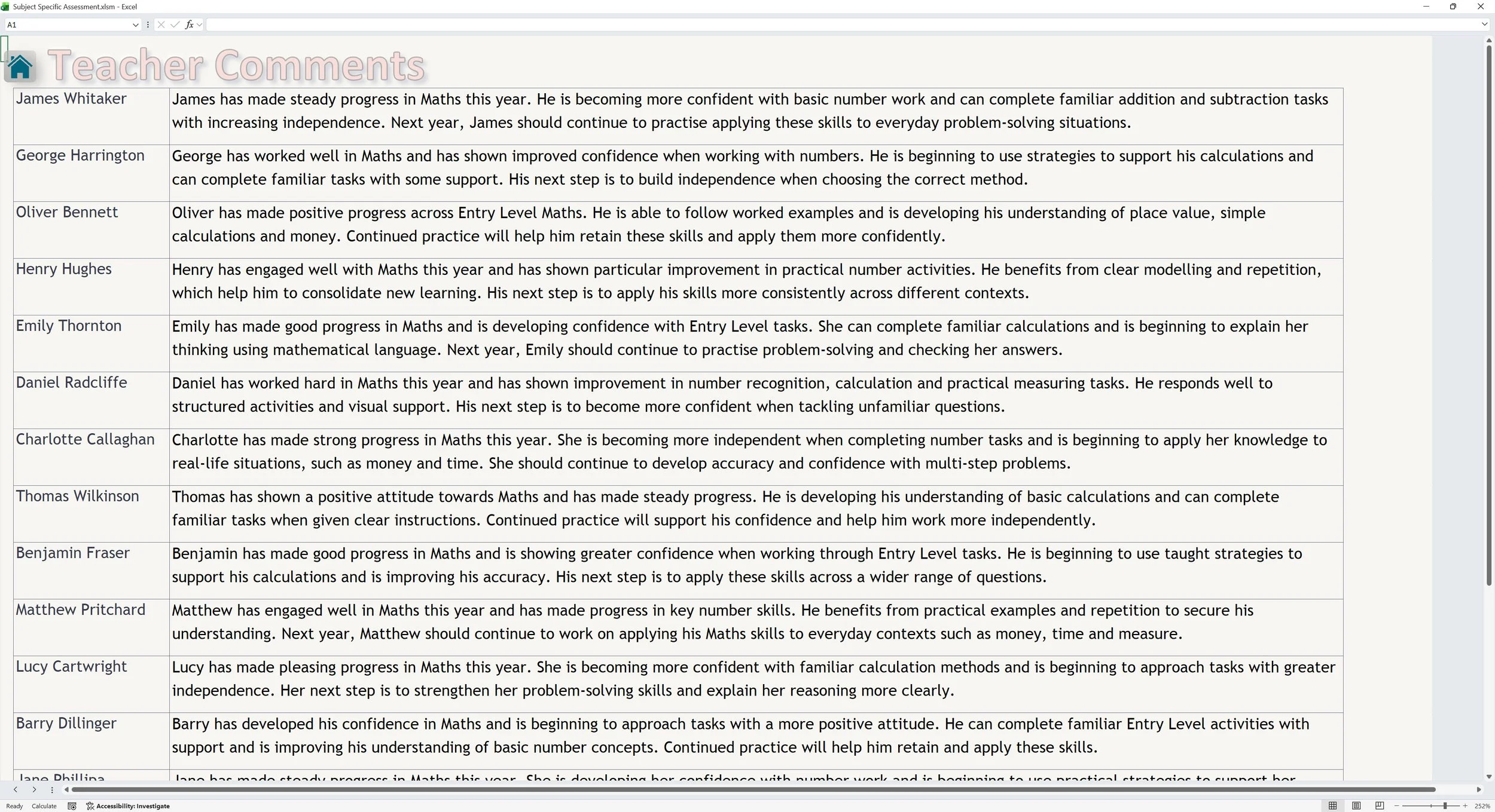 Screenshot of an Excel spreadsheet titled 'Teacher Comments' with feedback for multiple students on their progress in Maths, including comments on confidence, strategies, and next steps.