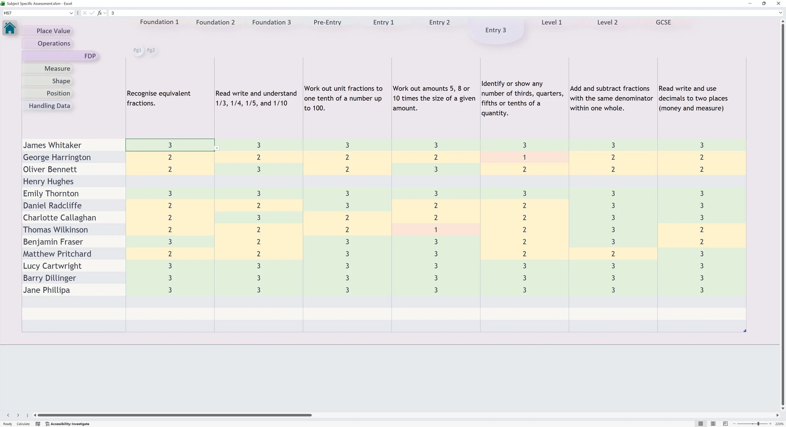 Excel spreadsheet titled 'Subject Specific Assessment' with student names and their scores in various fractions and references to foundational and level assessments