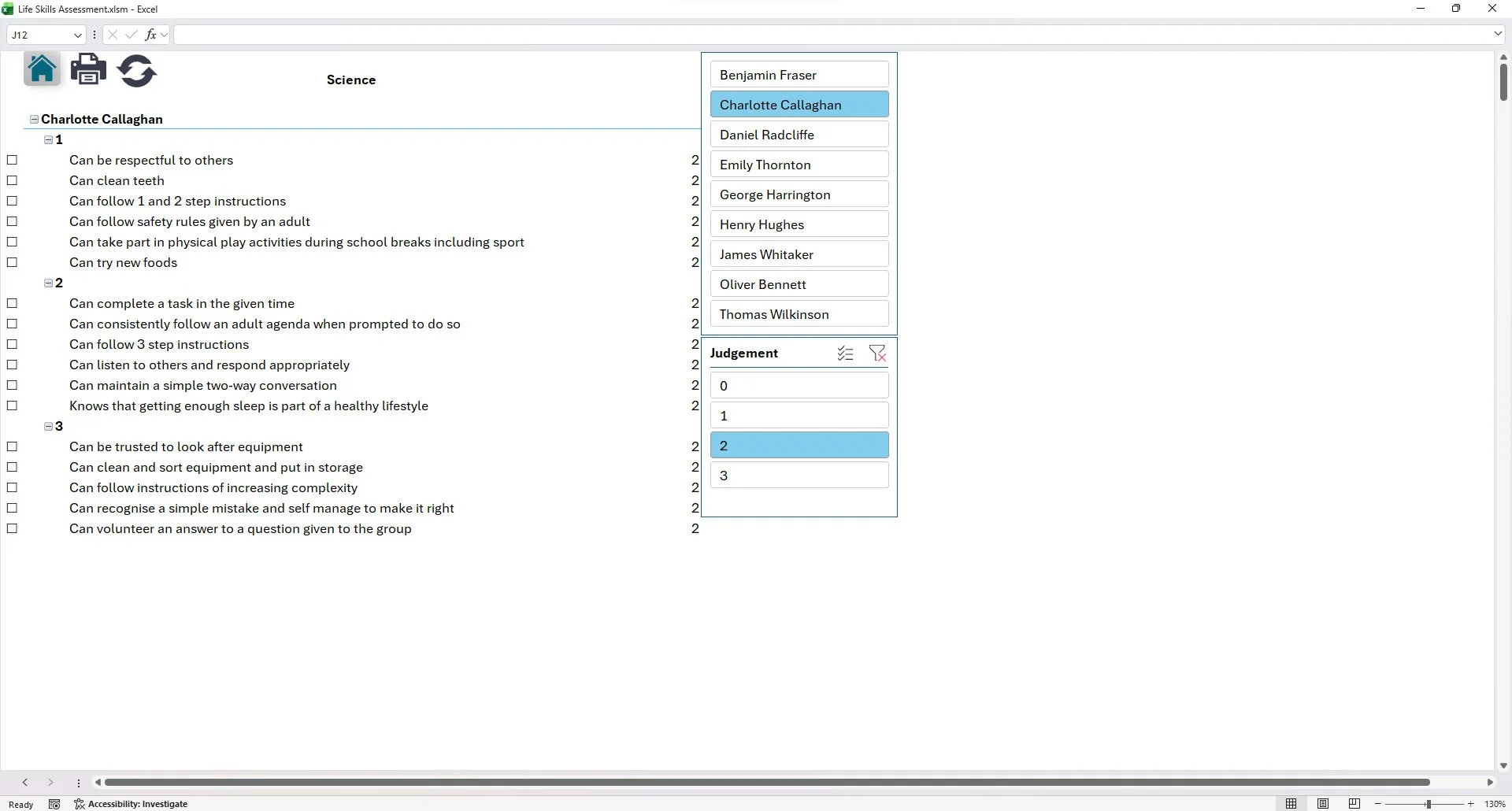 Screenshot of an Excel sheet titled 'Life Skills Assessment' with categories for Charlotte Callaghan's age groups and skill areas including Respectfulness, Dental Care, Following Instructions, Safety Rules, Physical Activity, Food Exploration, Task Completion, Trouble Shooting, Equipment Handling, and Self-Management. It features a list of names for assessment and a section for judgment ratings with checkboxes ranging from 0 to 3.