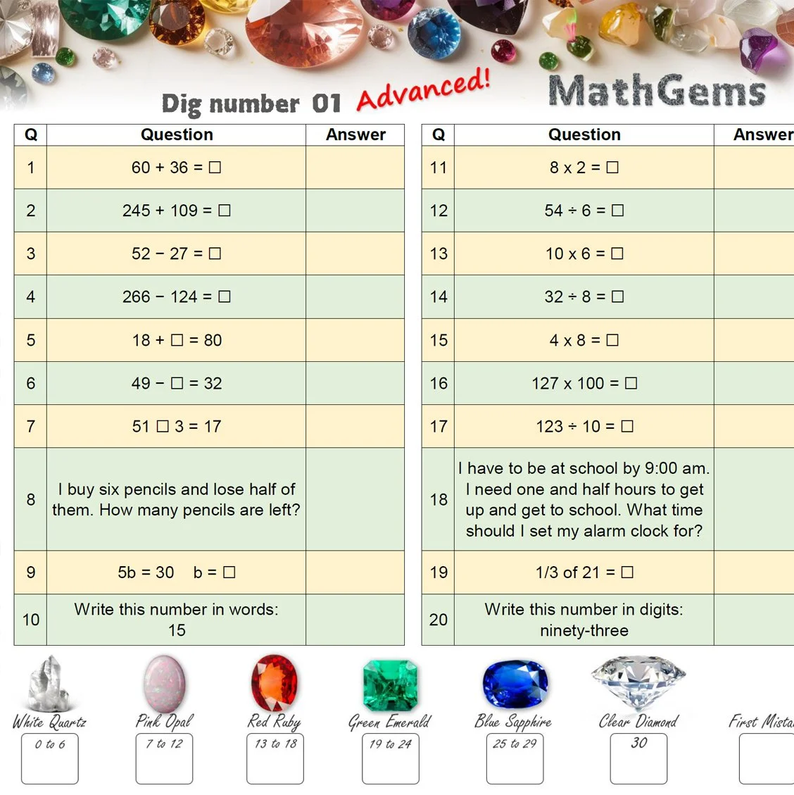 Example MathGems activity page showing timed maths fluency questions and gemstone reward options.