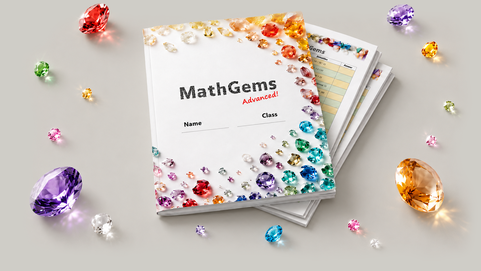 MathGems booklets arranged on a light background with colourful gemstone artwork.