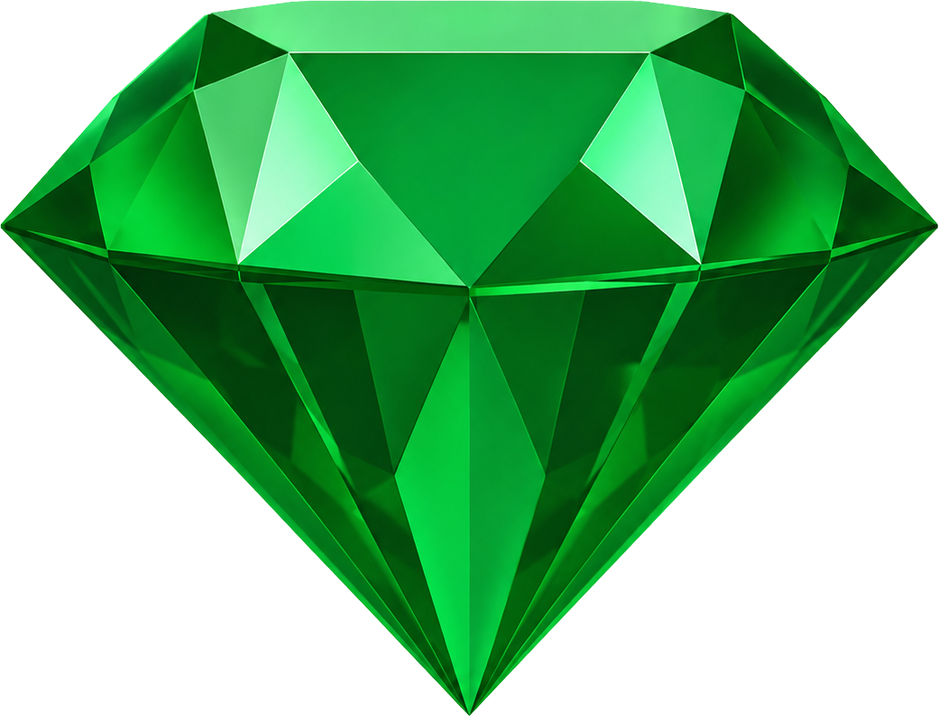 Green gem or diamond with multiple facets and reflection, isolated on a light background.