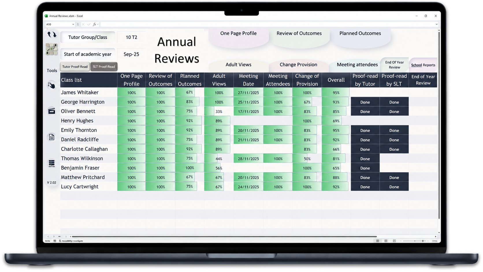Laptop screen displaying an Excel spreadsheet titled 'Annual Reviews' with student names, progress percentages, and review outcomes.