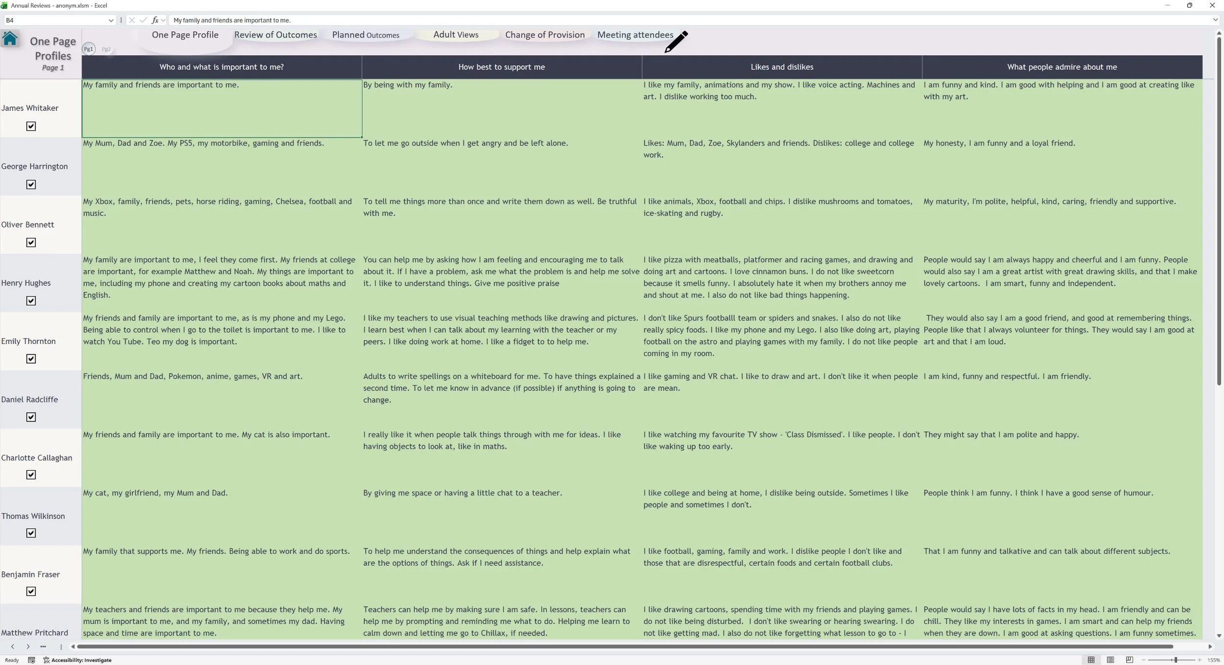 Screenshot of the Annual Review System one-page profile view showing learner interests, support needs, likes, dislikes and aspirations.