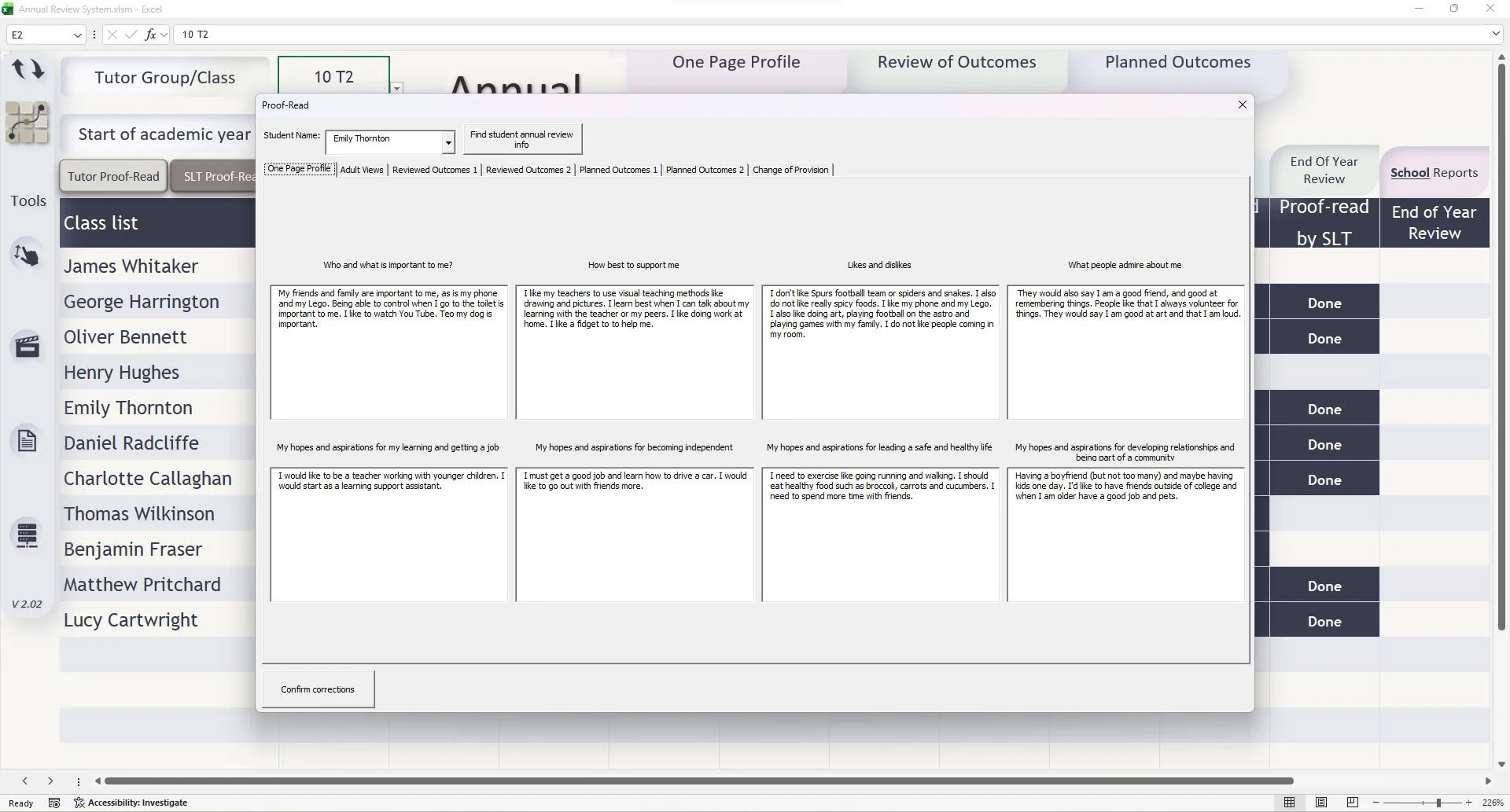 Screenshot of the Annual Review System proof-reading view, bringing key annual review information together for one learner.