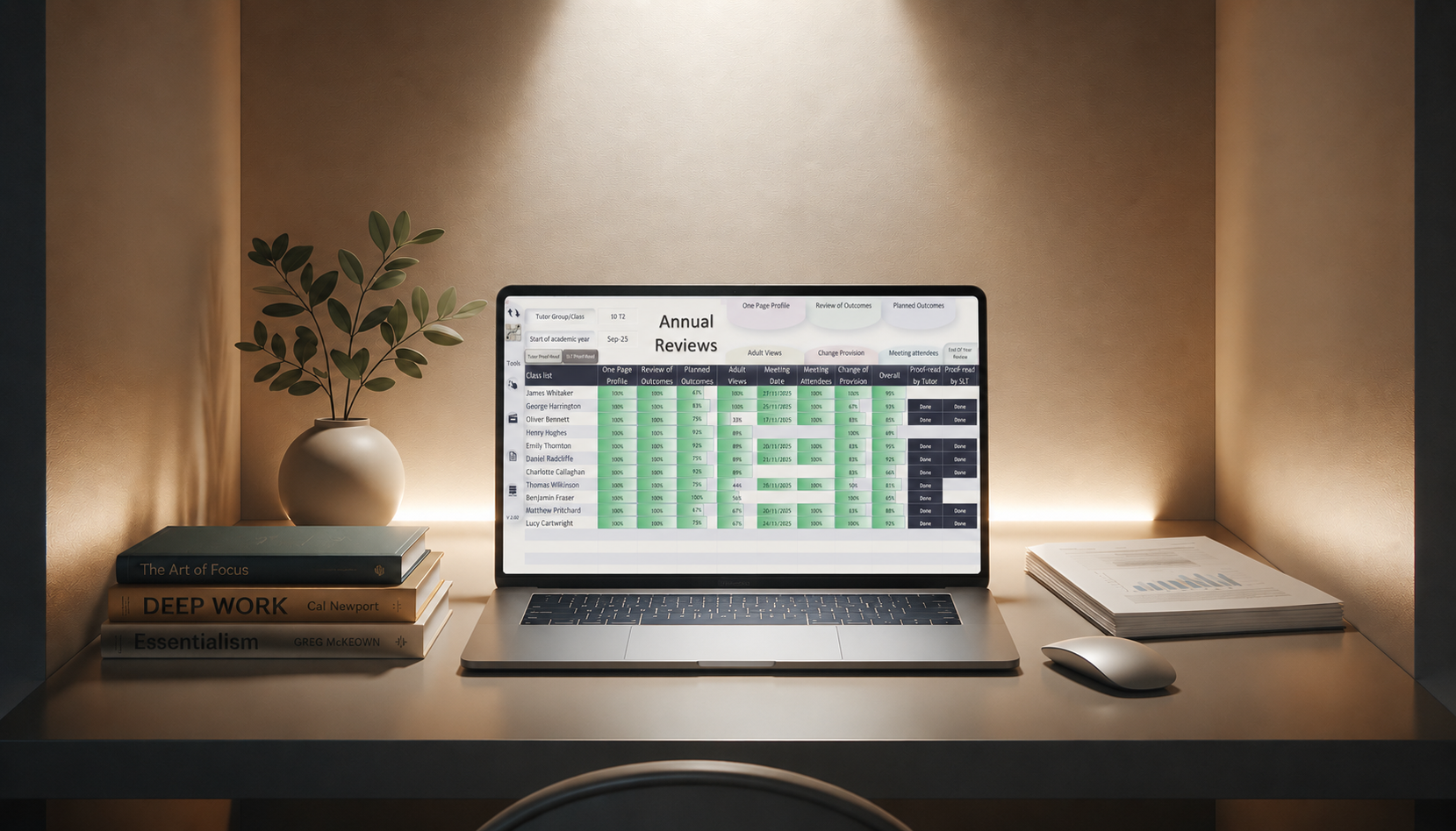 Laptop mock-up showing an Excel-based SEND Workflow Studio assessment system.
