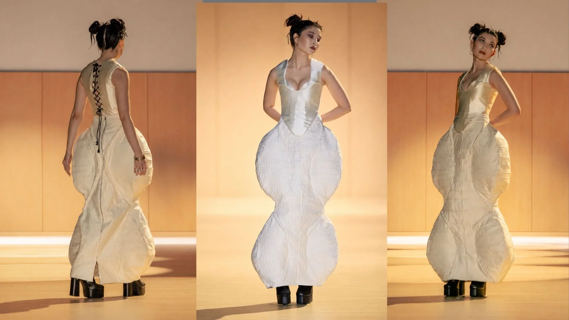 Look 4: This look was developed through engineered patternmaking, extensive internal boning, and sculptural construction. The corset and skirt were heavily boned to create a rigid, contoured silhouette, while pre-pleated fabric was incorporated to ad