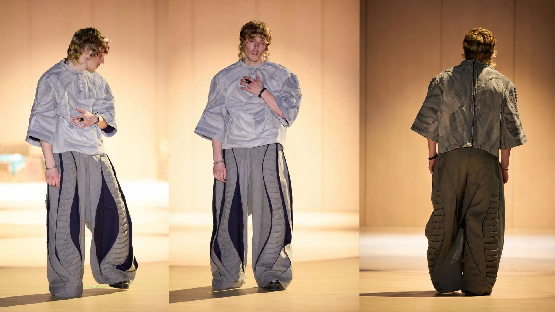 Look 3: 
This two-piece look was developed through engineered patternmaking and layered construction. The top was assembled from individually cut, hand-painted panels that were aligned during construction to create a continuous surface across each se