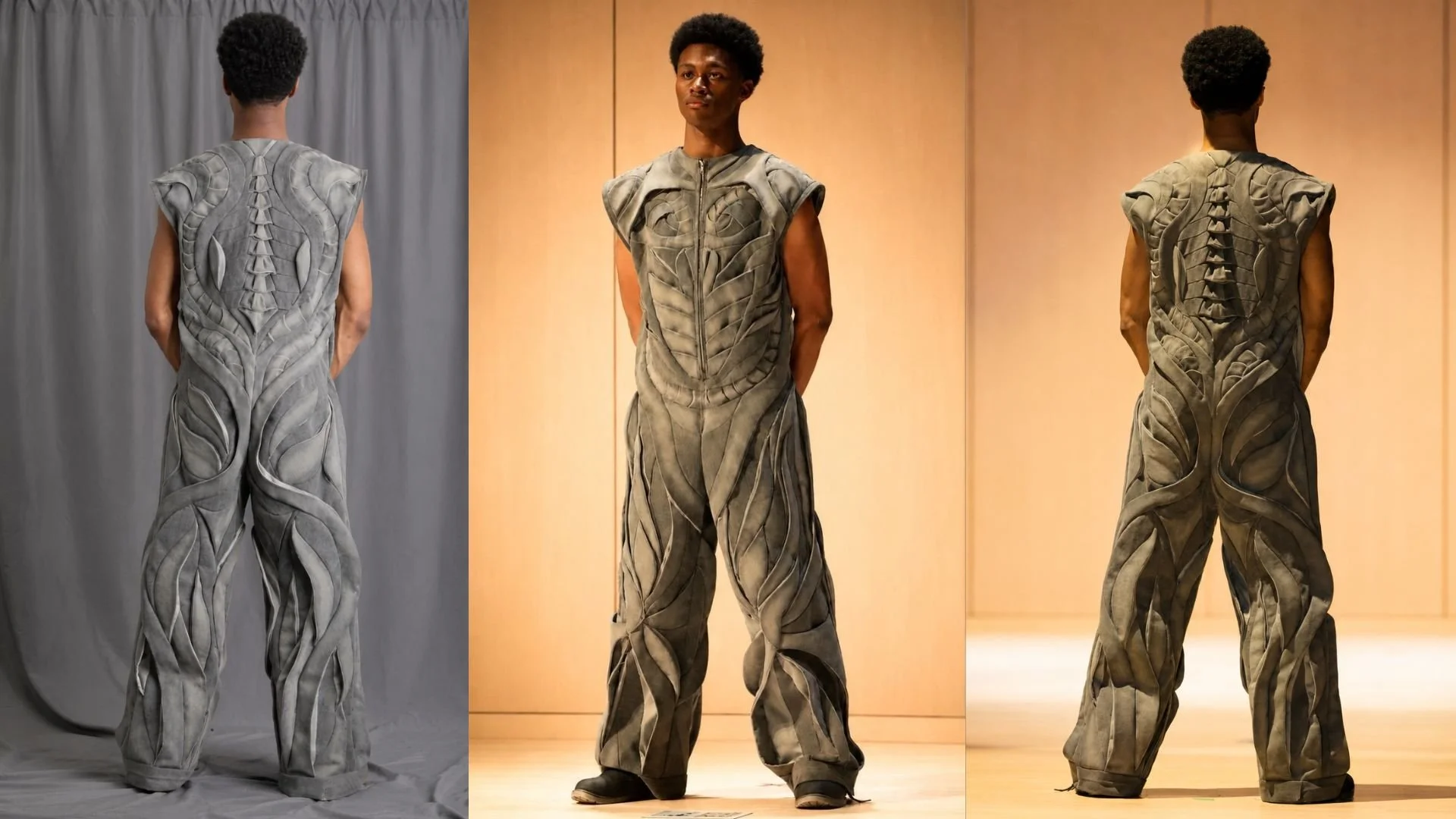 Look 1: 

Developed through engineered patternmaking and layered panel construction with industrial sandblasted surface treatment. Sculptural seam placement, dimensional panel integration, and controlled volume enhance the garment's structural form a