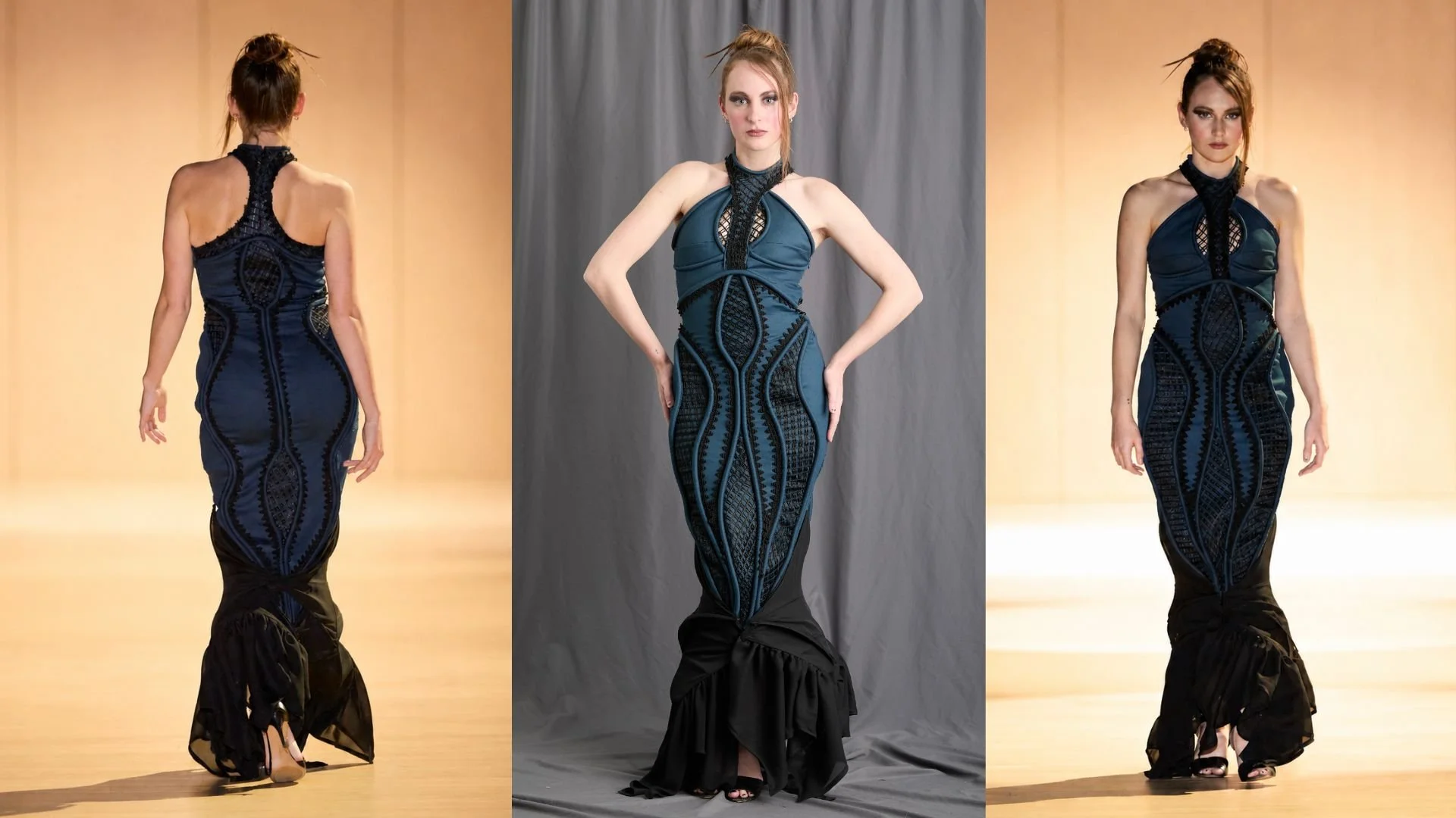 Look 2: 
Constructed using engineered patternmaking, precision piping application, and layered mesh integration. The stretch properties of the mesh and denim, combined with cording insertion, required extensive hand sewing to maintain seam accuracy, 