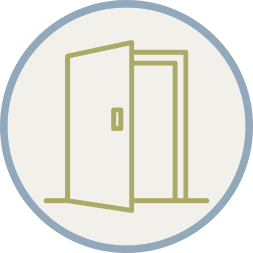 An icon of an open doorway with a door slightly ajar with a light background and a blue and gray circular border
