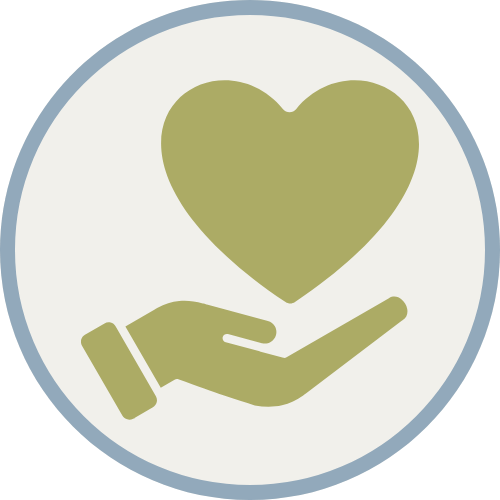 An icon of a hand holding a heart with a light background and a blue and gray circular border