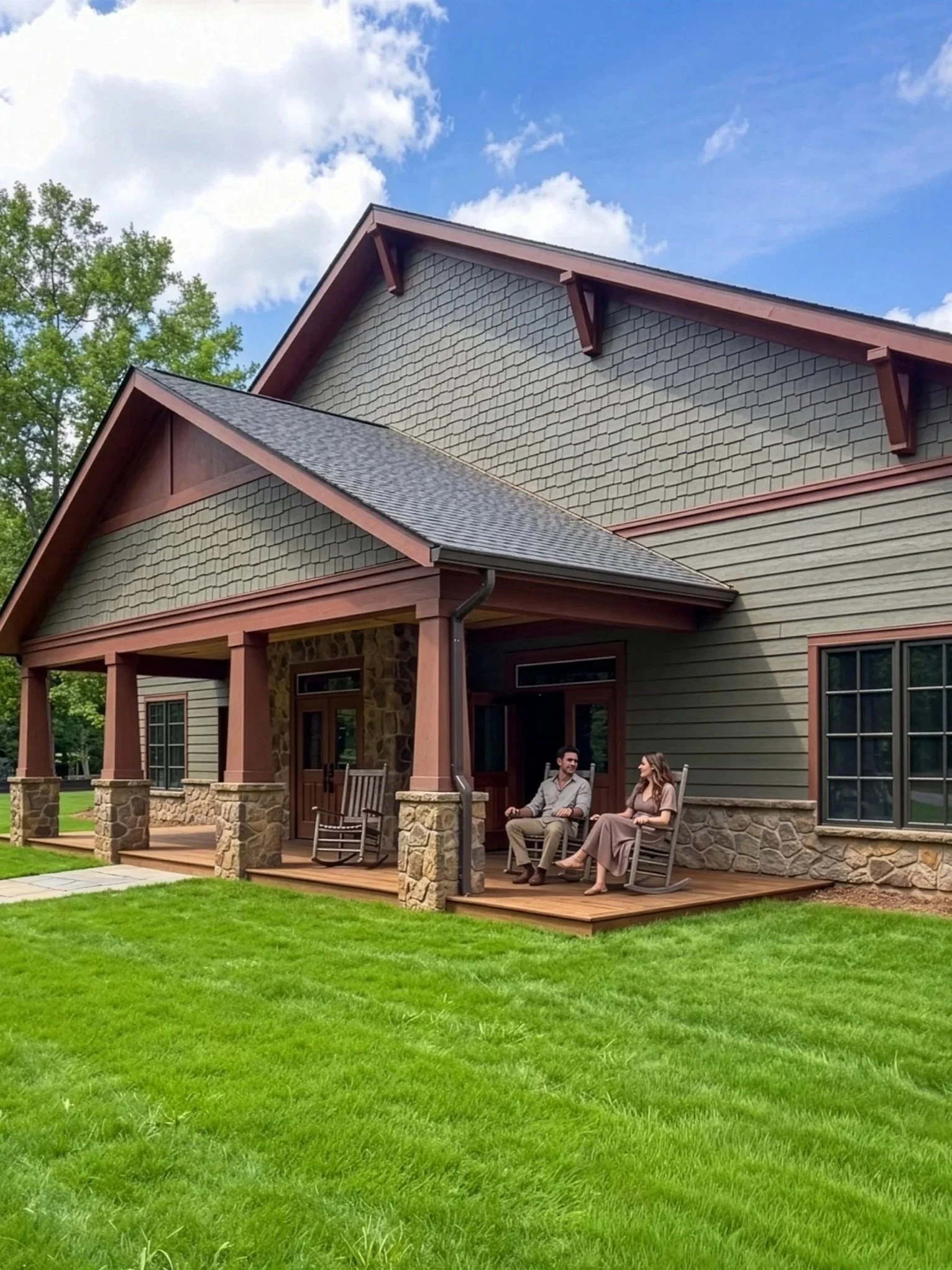Riverstone building - a large building with a porch and a green lawn. Two people are sitting on chairs on the porch, talking.