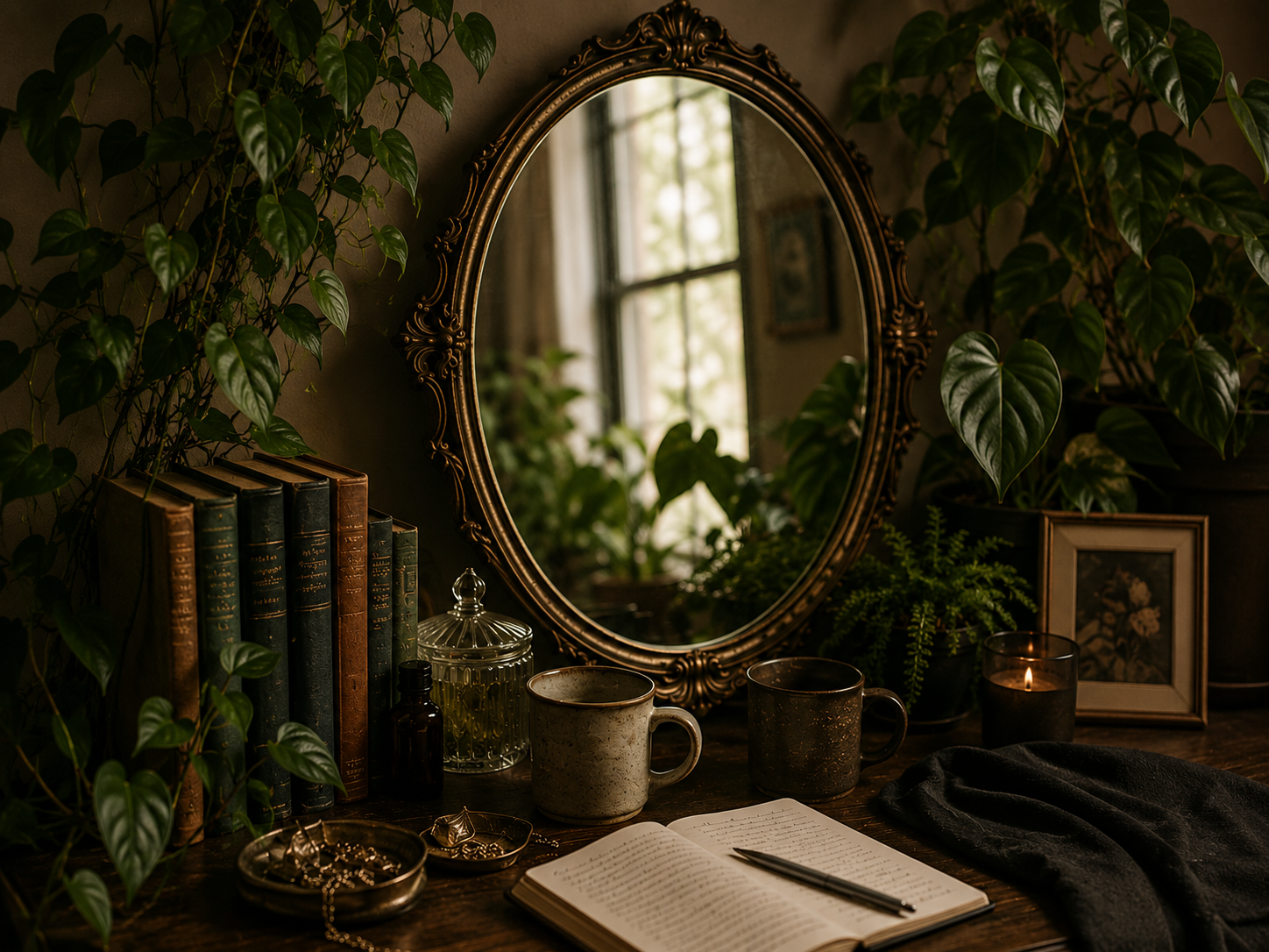 An antique mirror in a softly lit room surrounded by plants