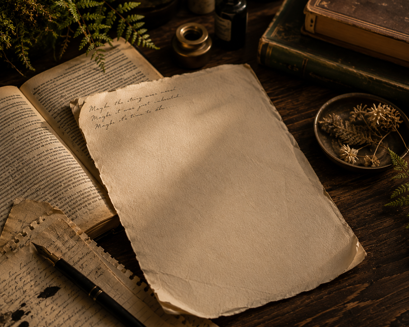 A mostly blank handwritten page resting over an old printed book