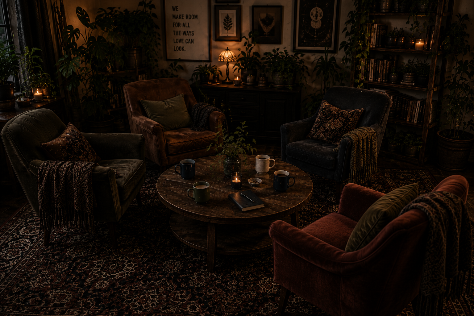 Four chairs arranged together in a warm, intimate space