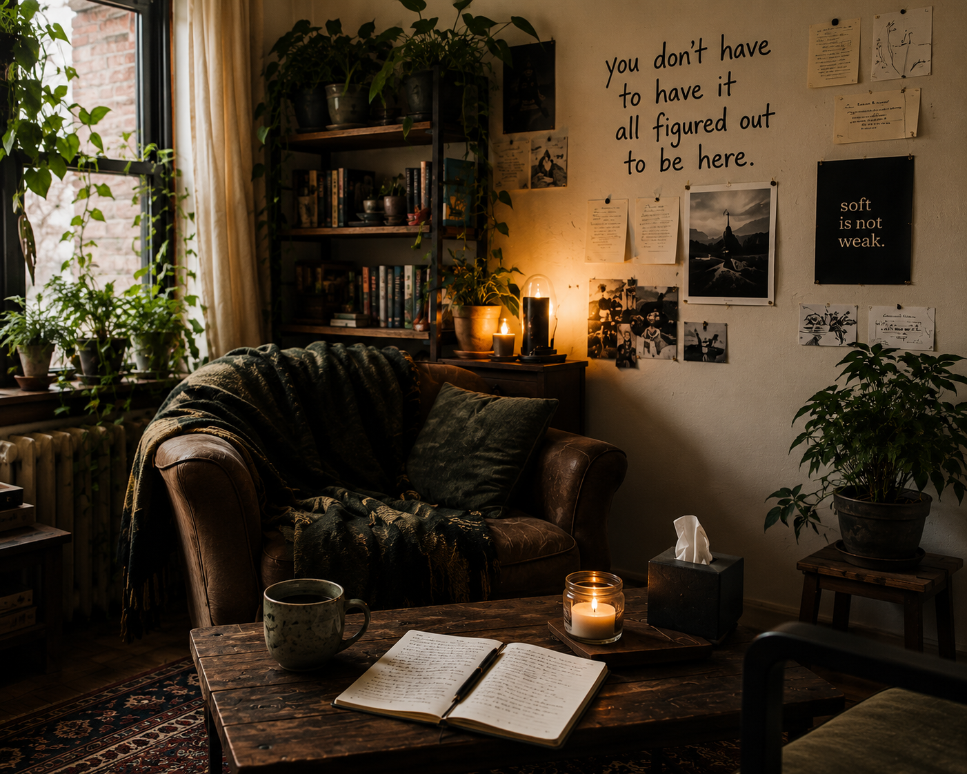A brown leather chair in a warm, plant-filled therapy office
