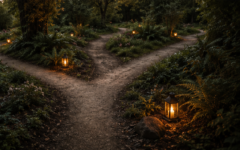 Woodland paths branching in different directions through a mossy landscape