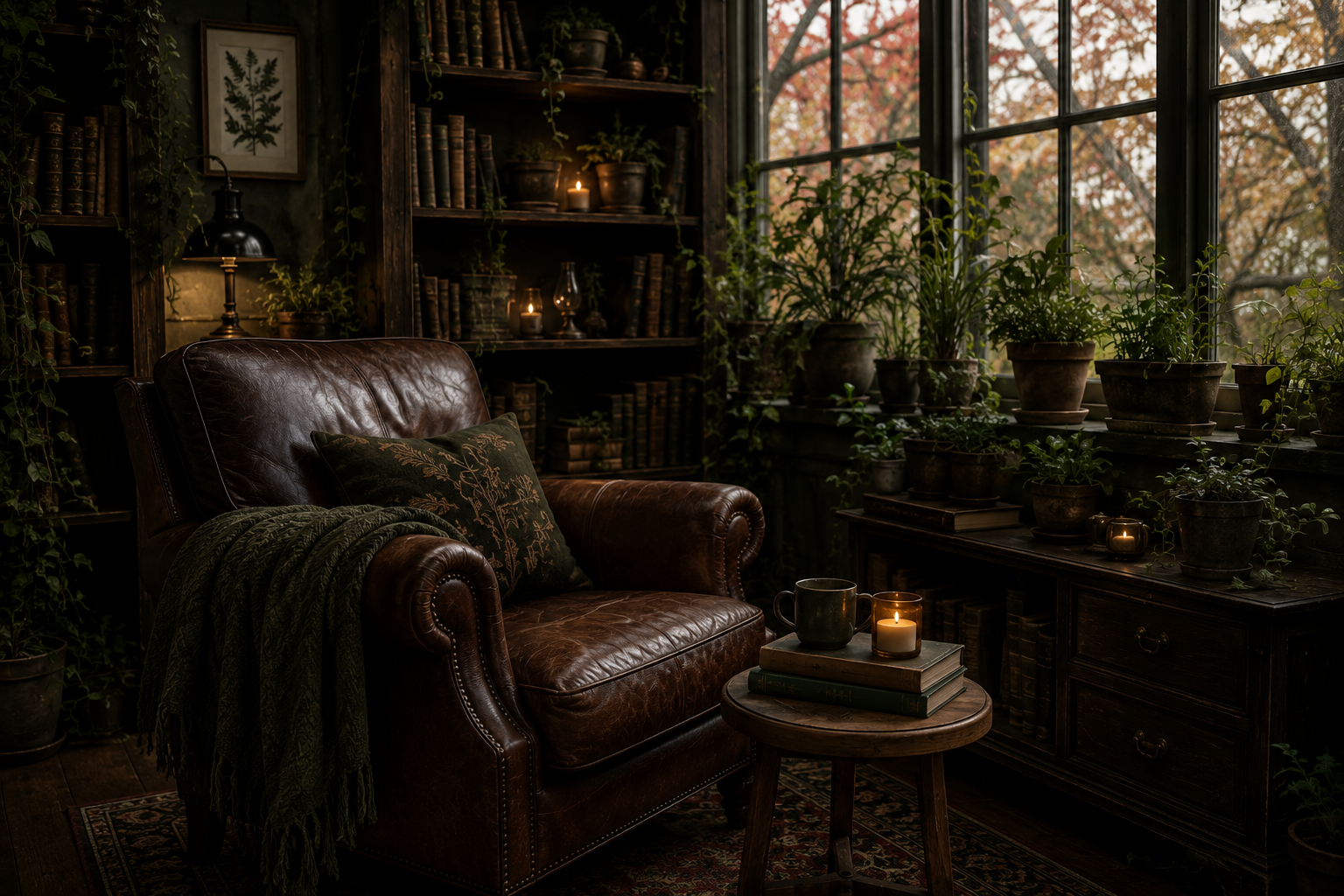 A brown leather chair in a warm, plant-filled therapy office