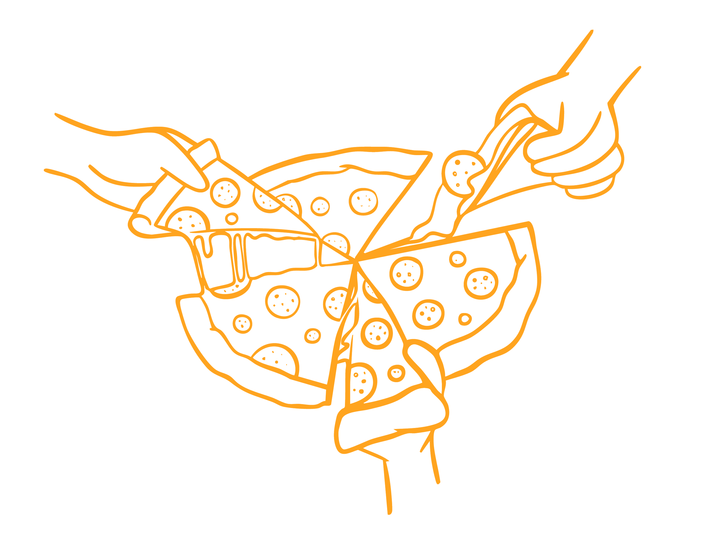 Outline drawing of a hand holding a slice of pizza.