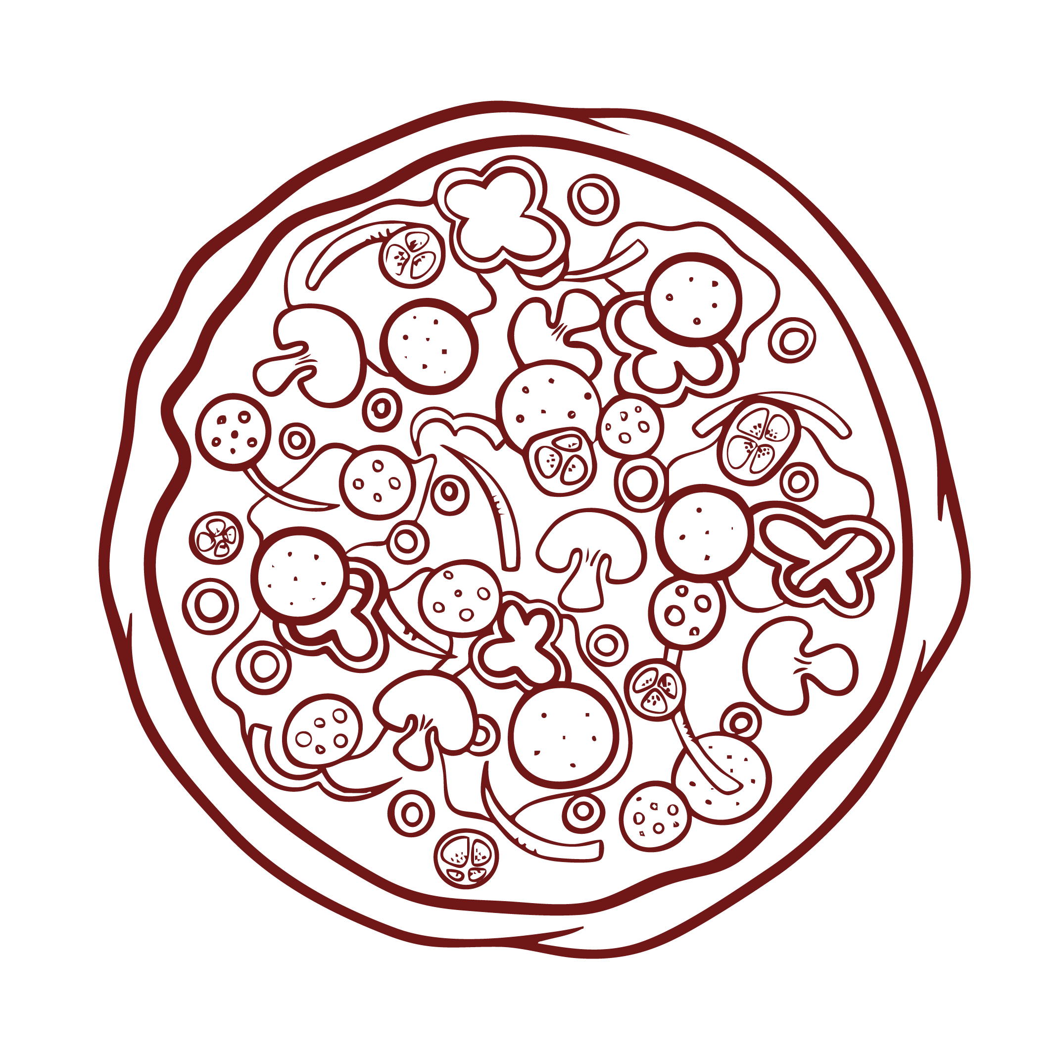 A digital illustration of a sliced pizza with various toppings visible inside the slice, depicted with a minimalist, line art style in dark red on a black background.