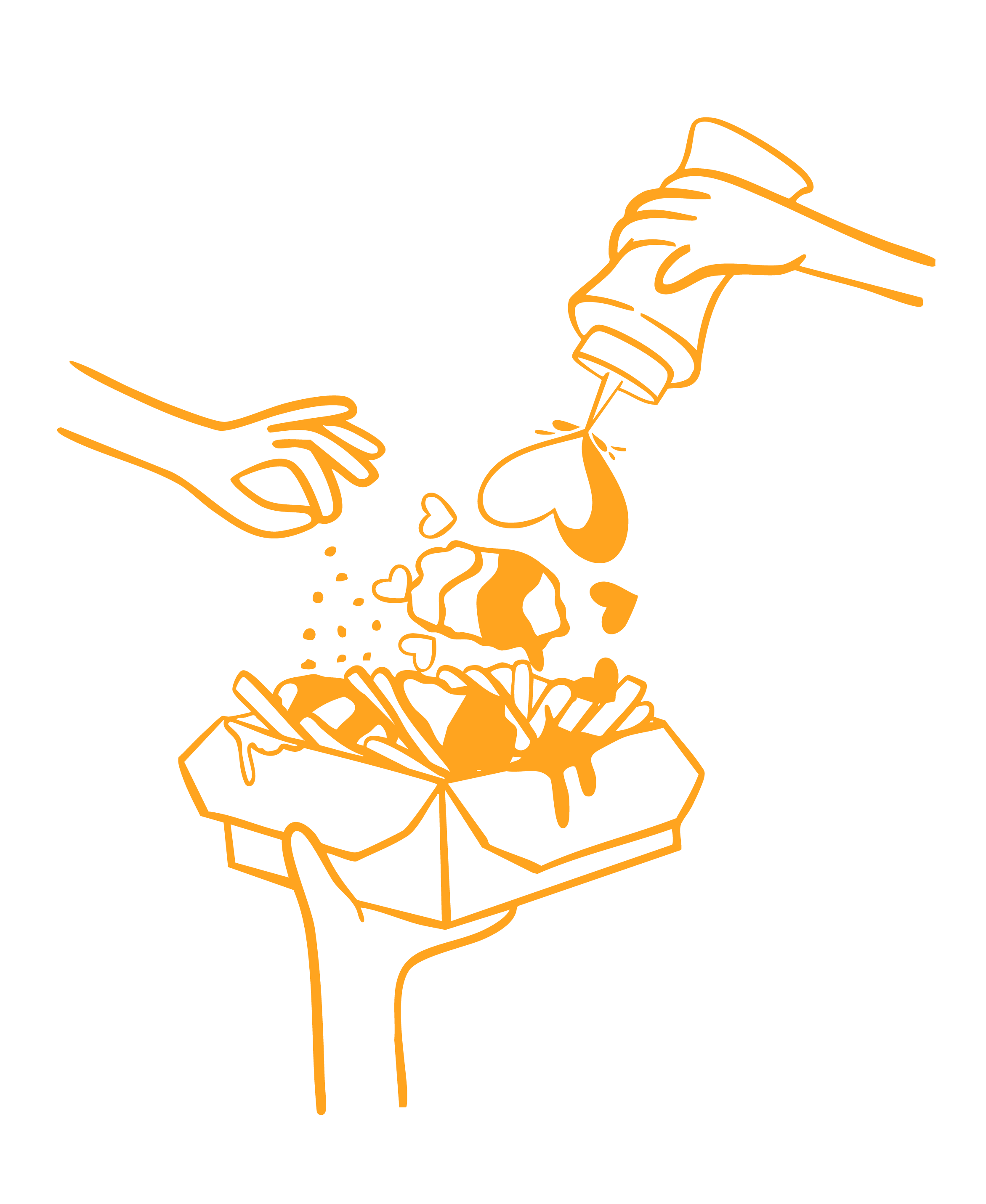 Outline illustration of a hand holding an open box, from which pouring out are hearts and coffee beans, with a coffee cup and saucer in the background.