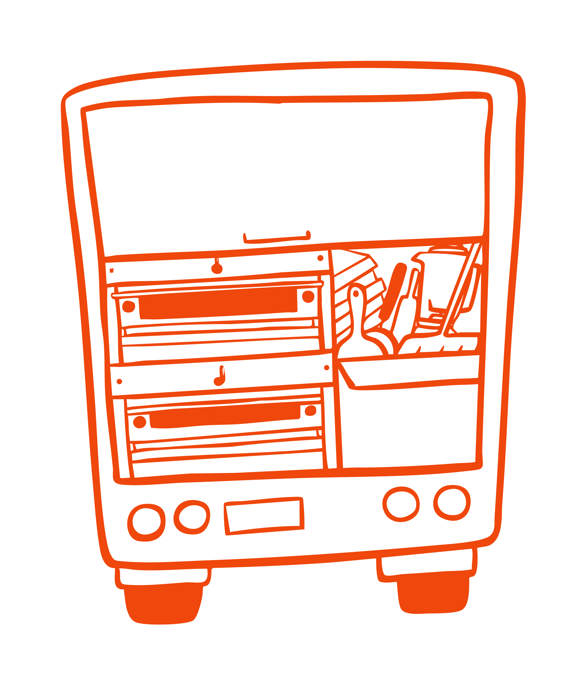 Outline drawing of a shopping cart in orange color on a black background