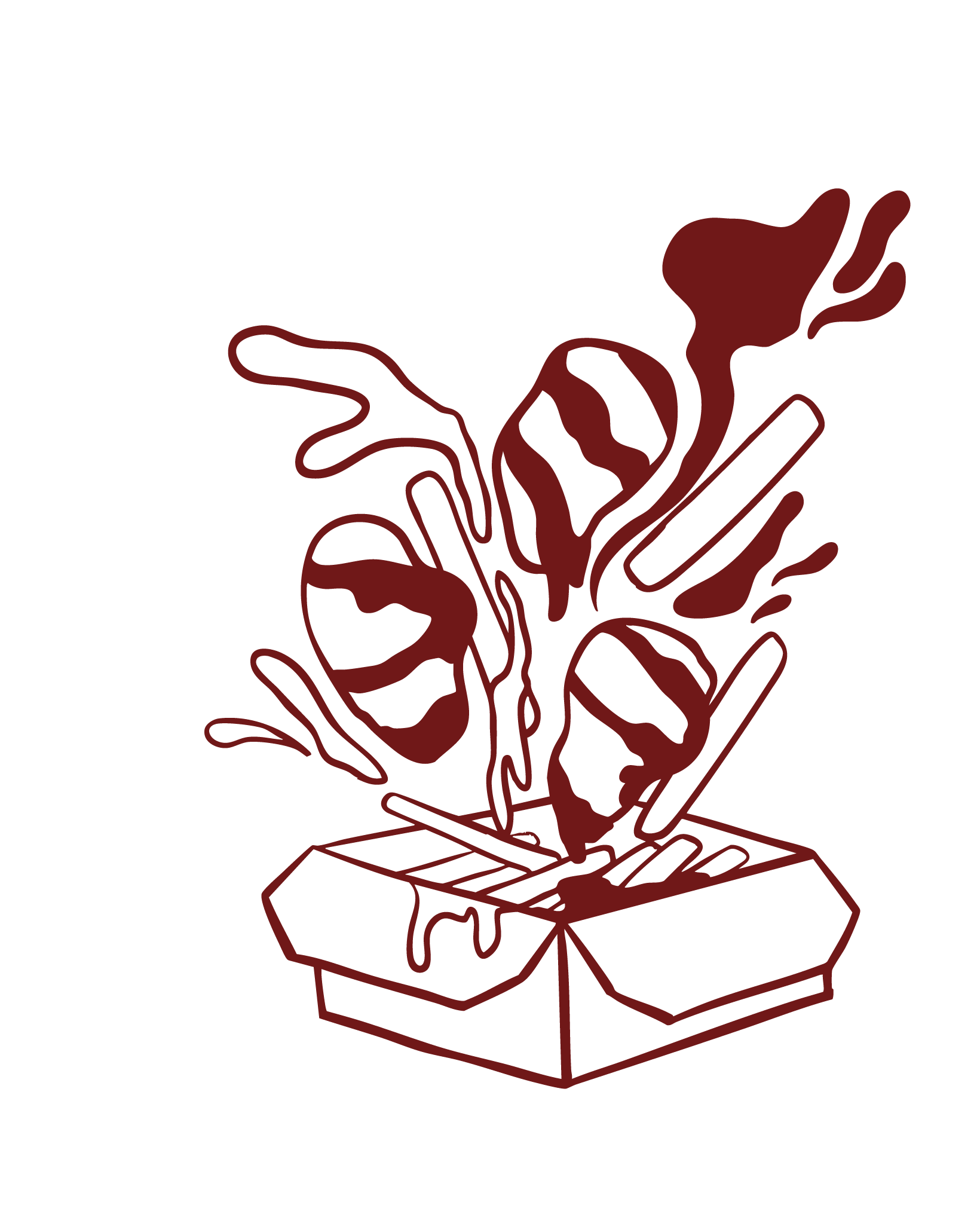 An illustration of a transparent takeout box with food and a steaming bowl of ramen on top.