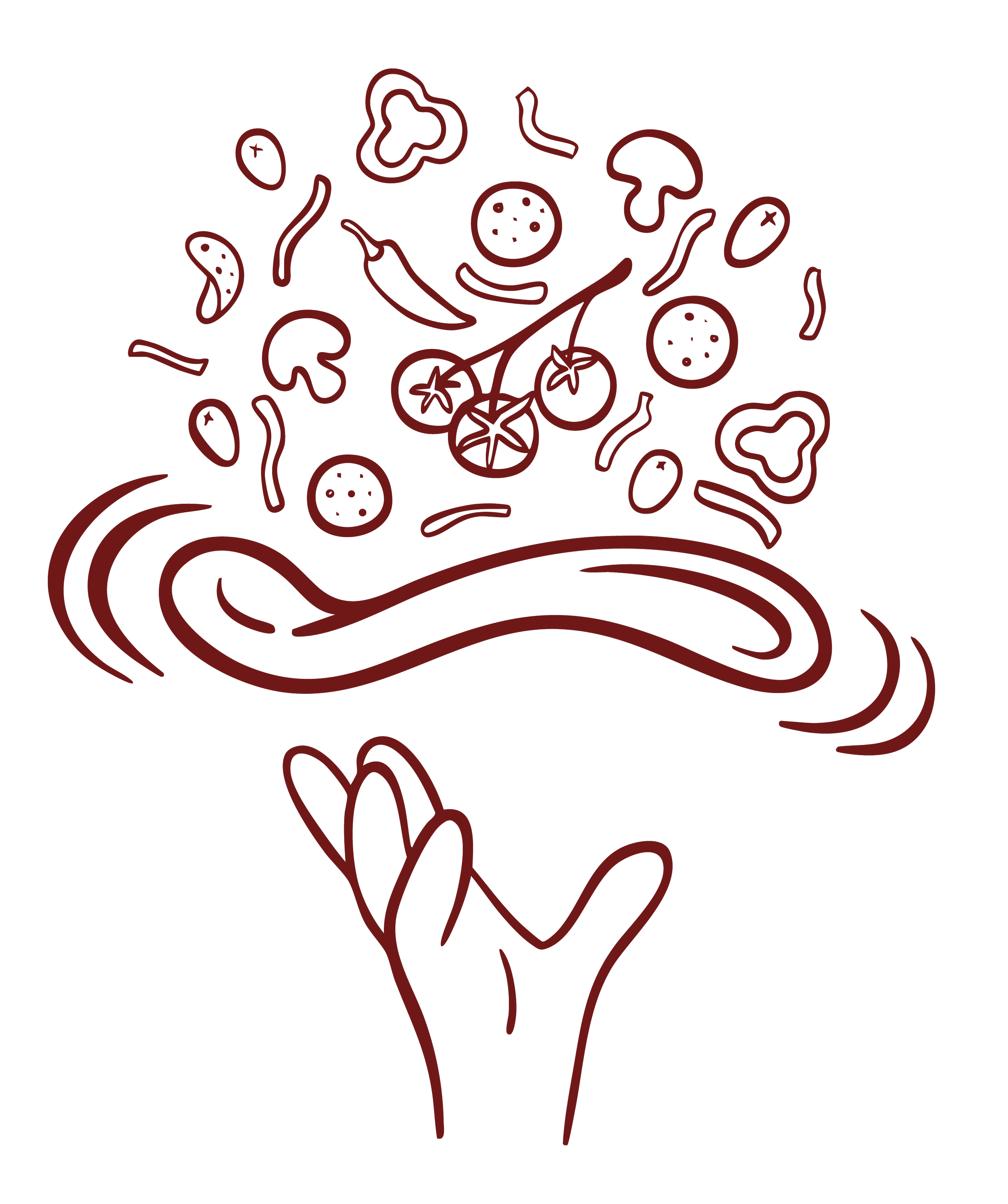 Illustration of a woman holding a tray of food, including pizza, tomatoes, and vegetables.