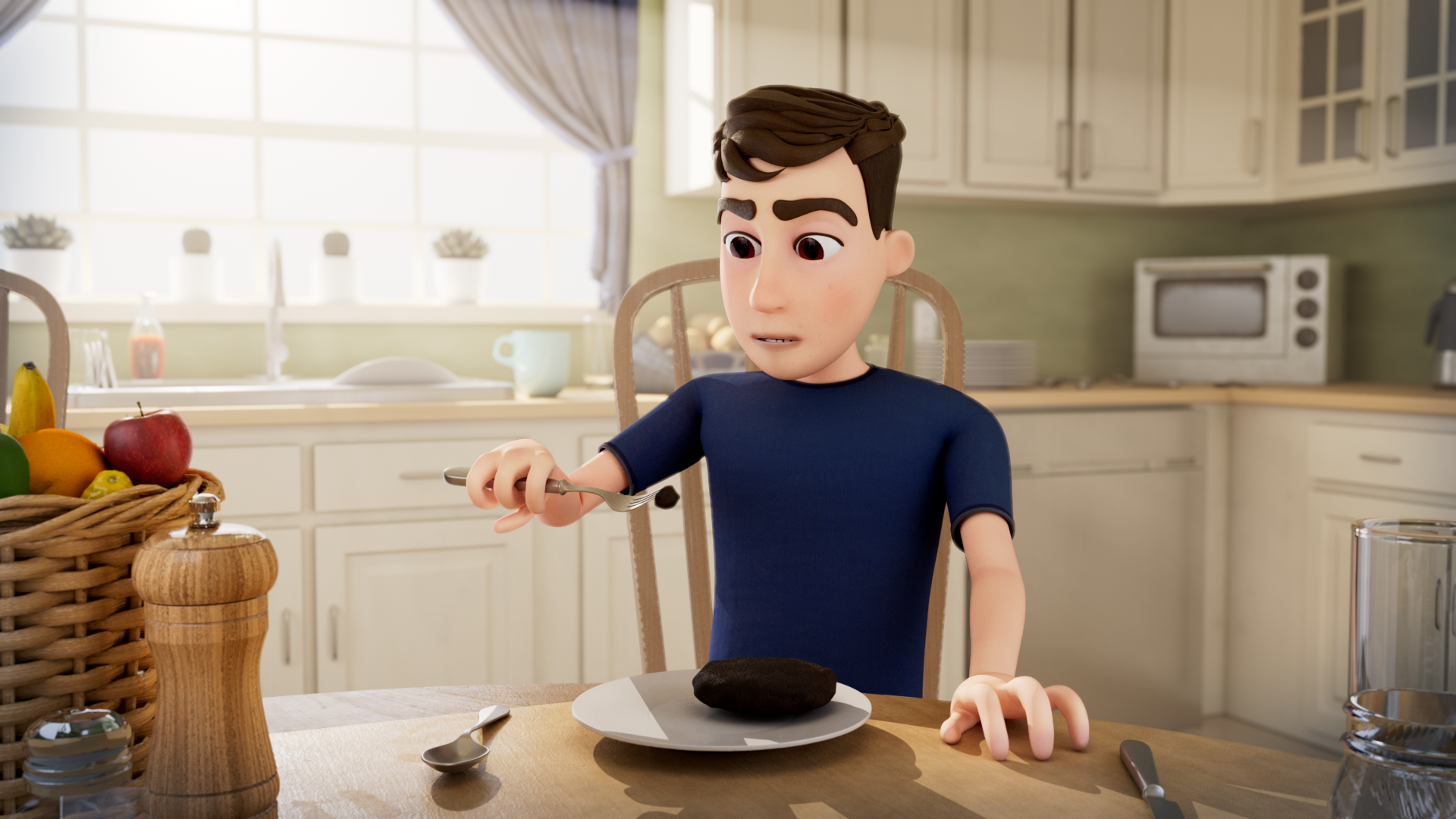 Character looking at a hamburger.