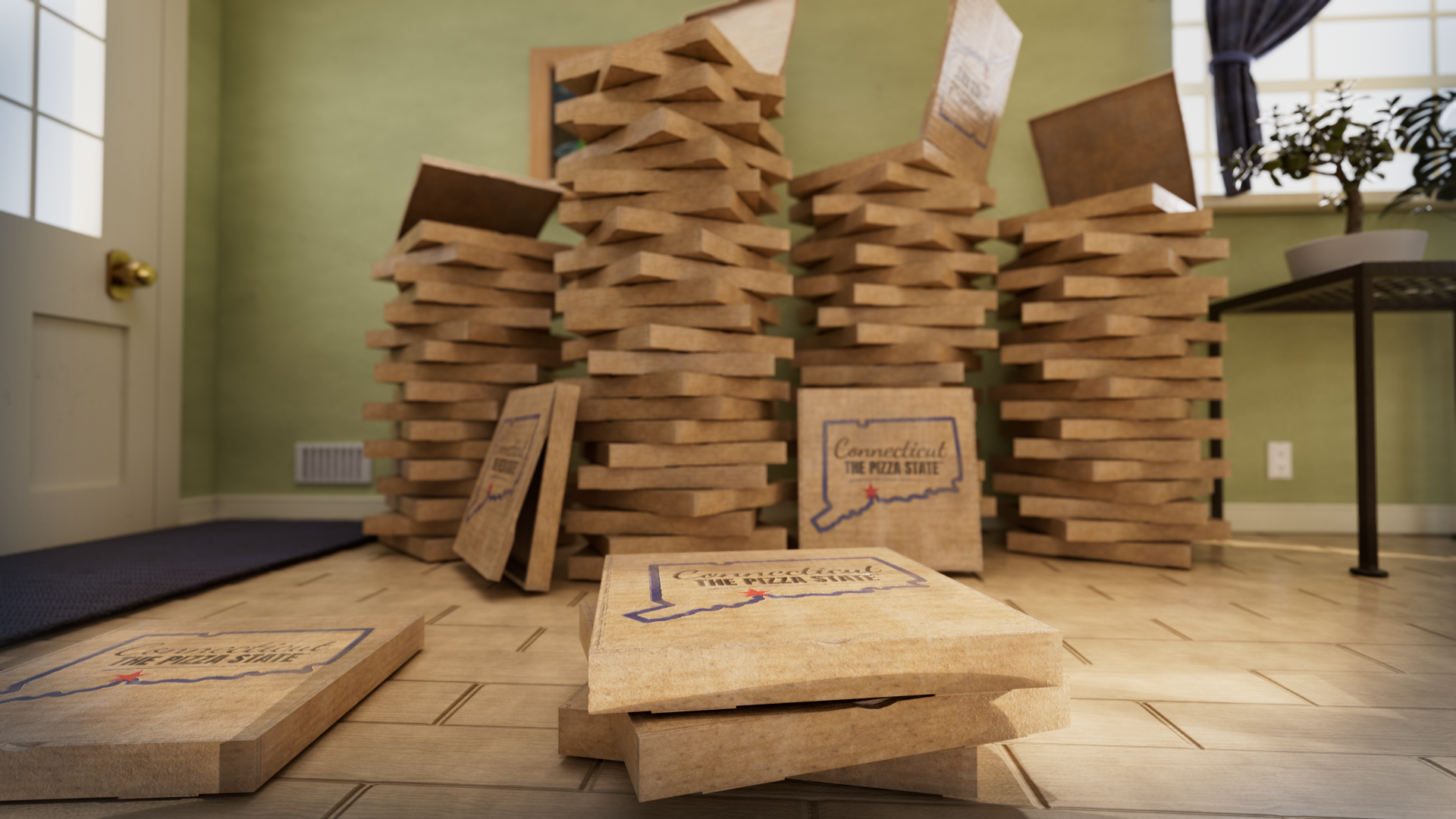 Stacks of Pizza, set up indoors in a room with green walls and wooden flooring.