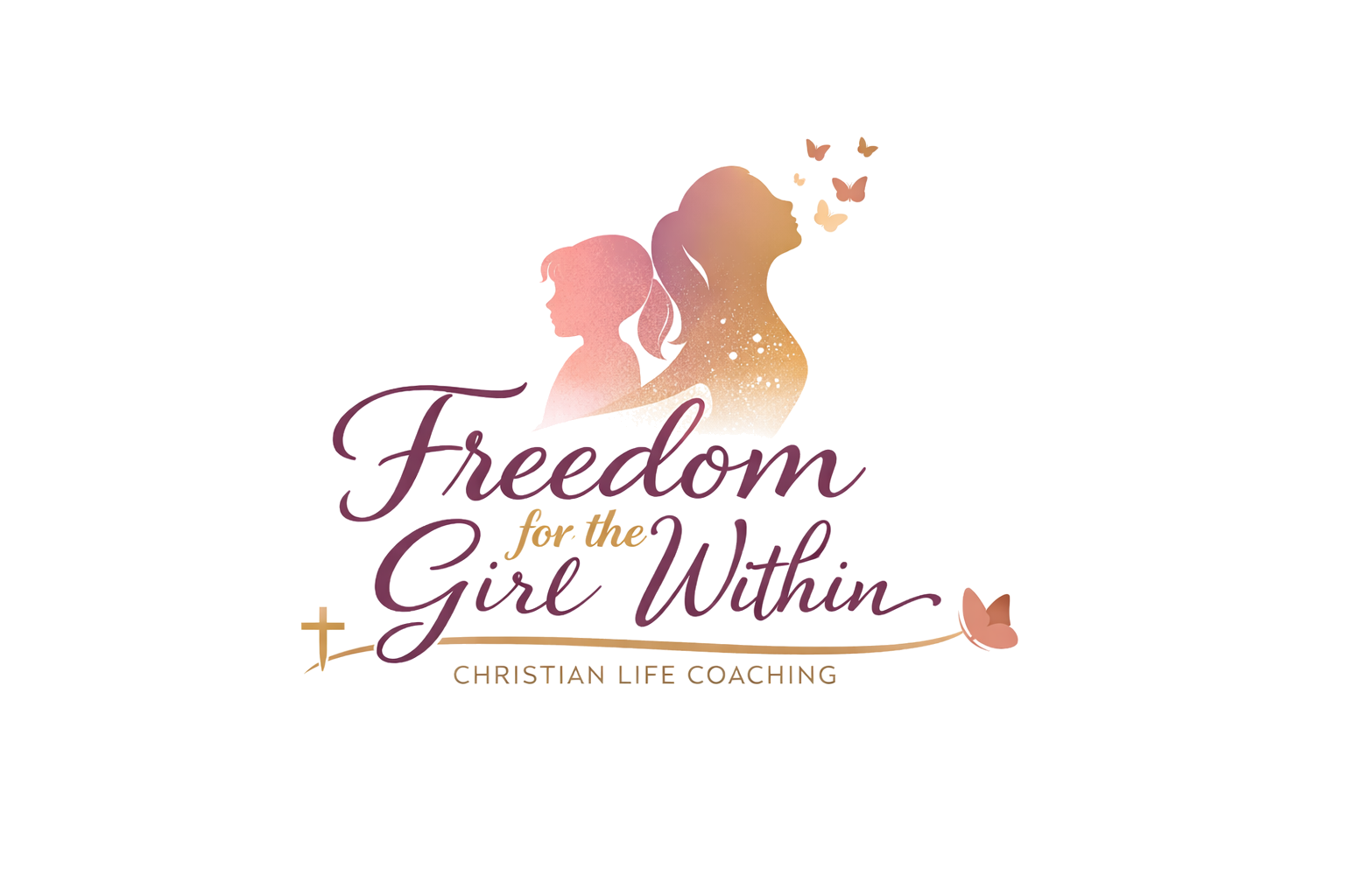 A logo for 'Freedom for the Girl Within' Christian life coaching featuring silhouettes of a girl and a woman, with butterflies and soft pastel colors.