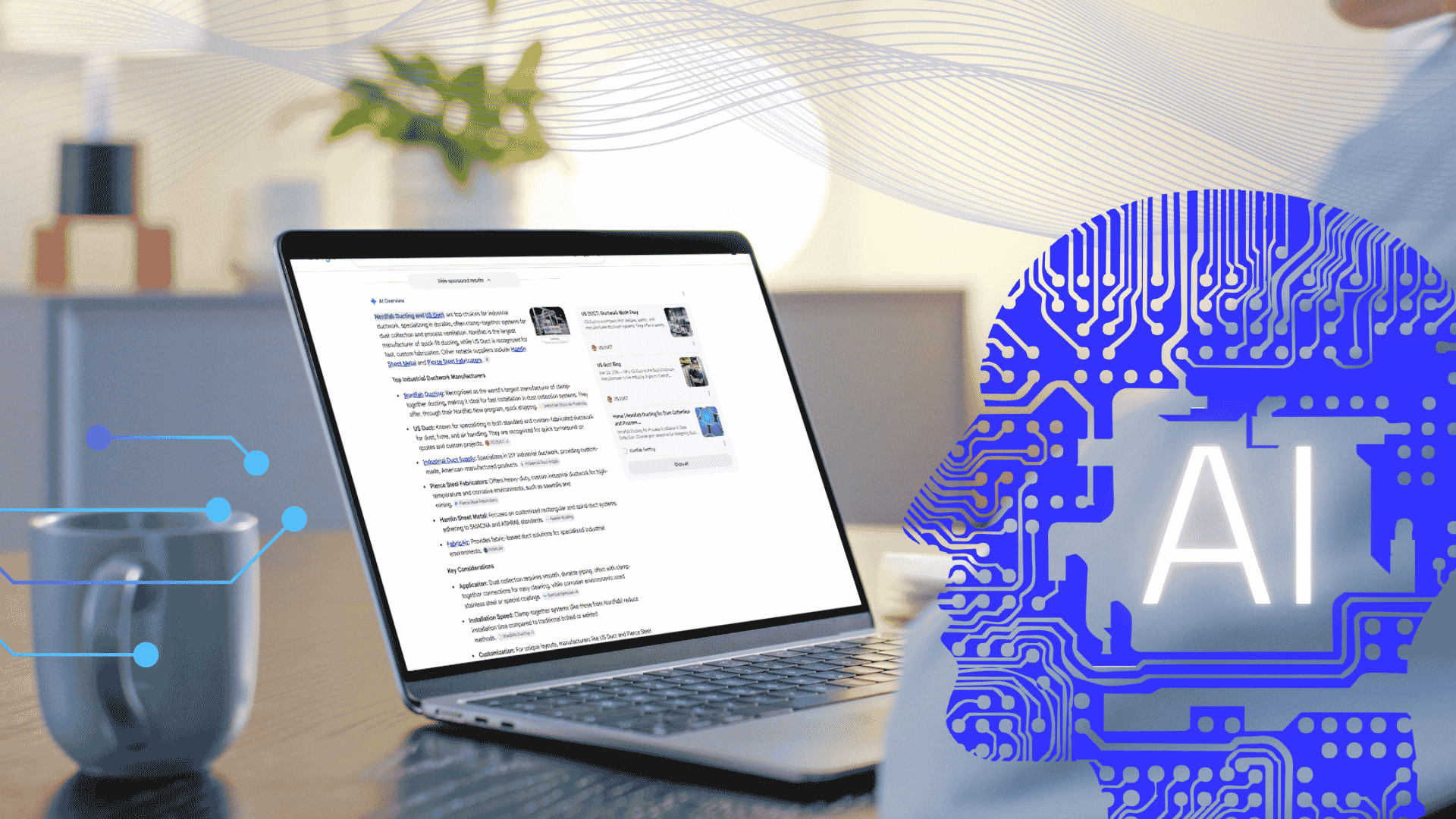 A laptop displaying a webpage, a coffee mug, and an overlay of a digital brain with circuit patterns representing artificial intelligence in a bright, modern office space.