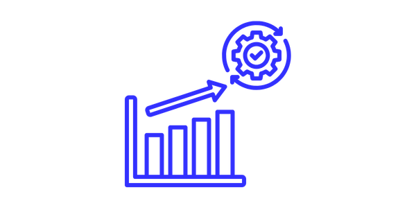 Line graph with increasing trend, gear icon with arrow indicating process or growth