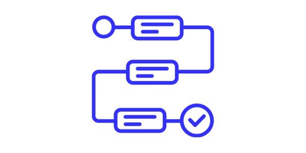 Flowchart with a start circle, three process rectangles, and a checkmark at the end, connected by arrows, all in blue on a black background.