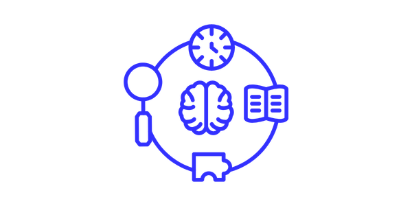 A digital illustration with interconnected icons representing brain, clock, book, puzzle piece, and a person, symbolizing learning, thinking, and problem-solving.