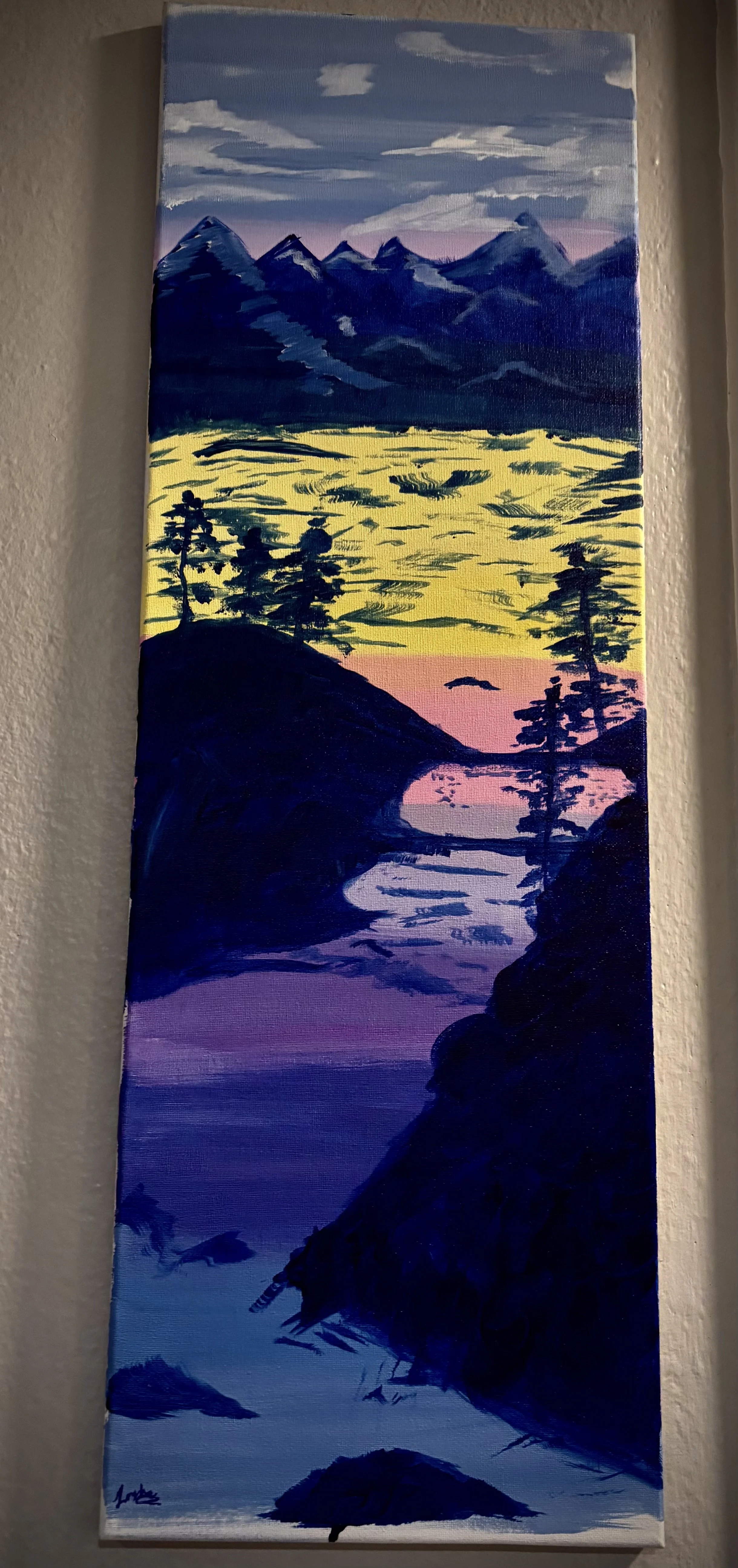 A landscape painting of mountains, trees, and a river at sunset with a sky transitioning from blue to pink.