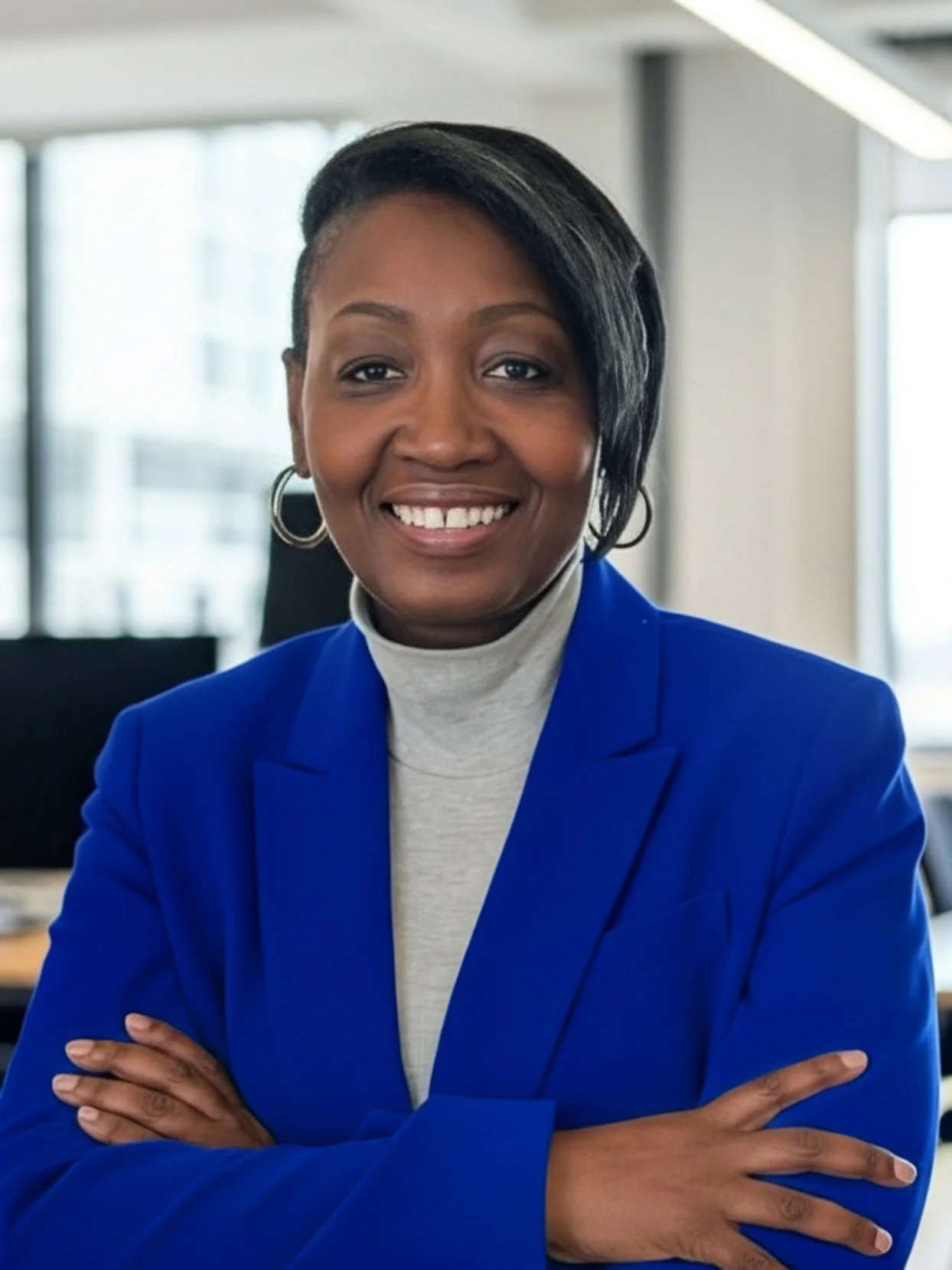 Portrait of a smiling Black woman with short hair, wearing a blue blazer and a white turtleneck, sitting in an office with large windows in the background.