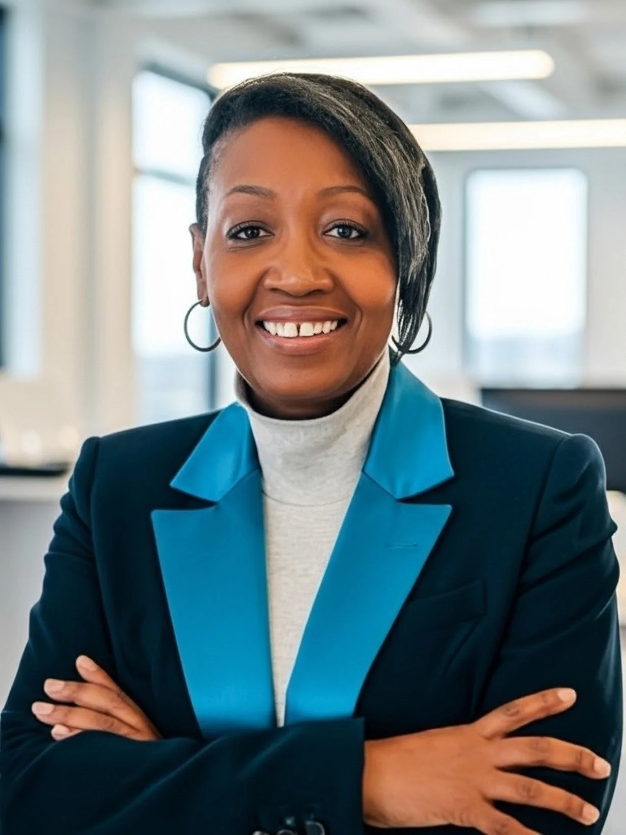 A smiling woman in a professional setting, wearing a dark blazer with a blue lapel, a light turtleneck, and hoop earrings. She has short, styled hair and is with arms crossed in front of a bright office background with large windows.
