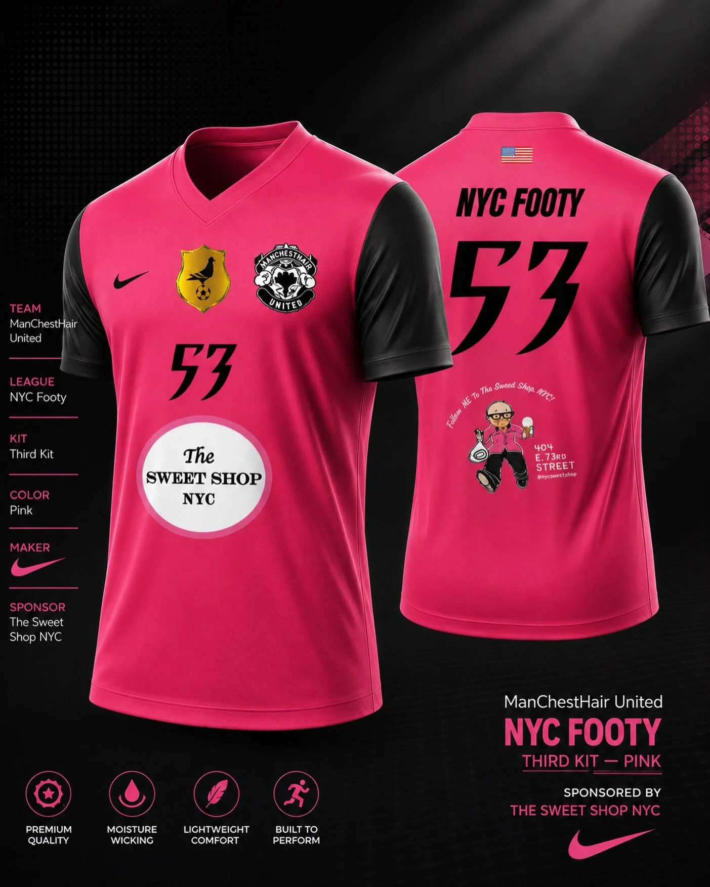 THIRD KIT. 💗
Pink, loud, and impossible to ignore.
MCHU has entered the NYC Footy chat. 🗽⚽️
Sponsored by @thesweetshopnyc 🍭

#ManChestHairUnited #ThirdKit #NYCFooty #TheSweetShopNYC