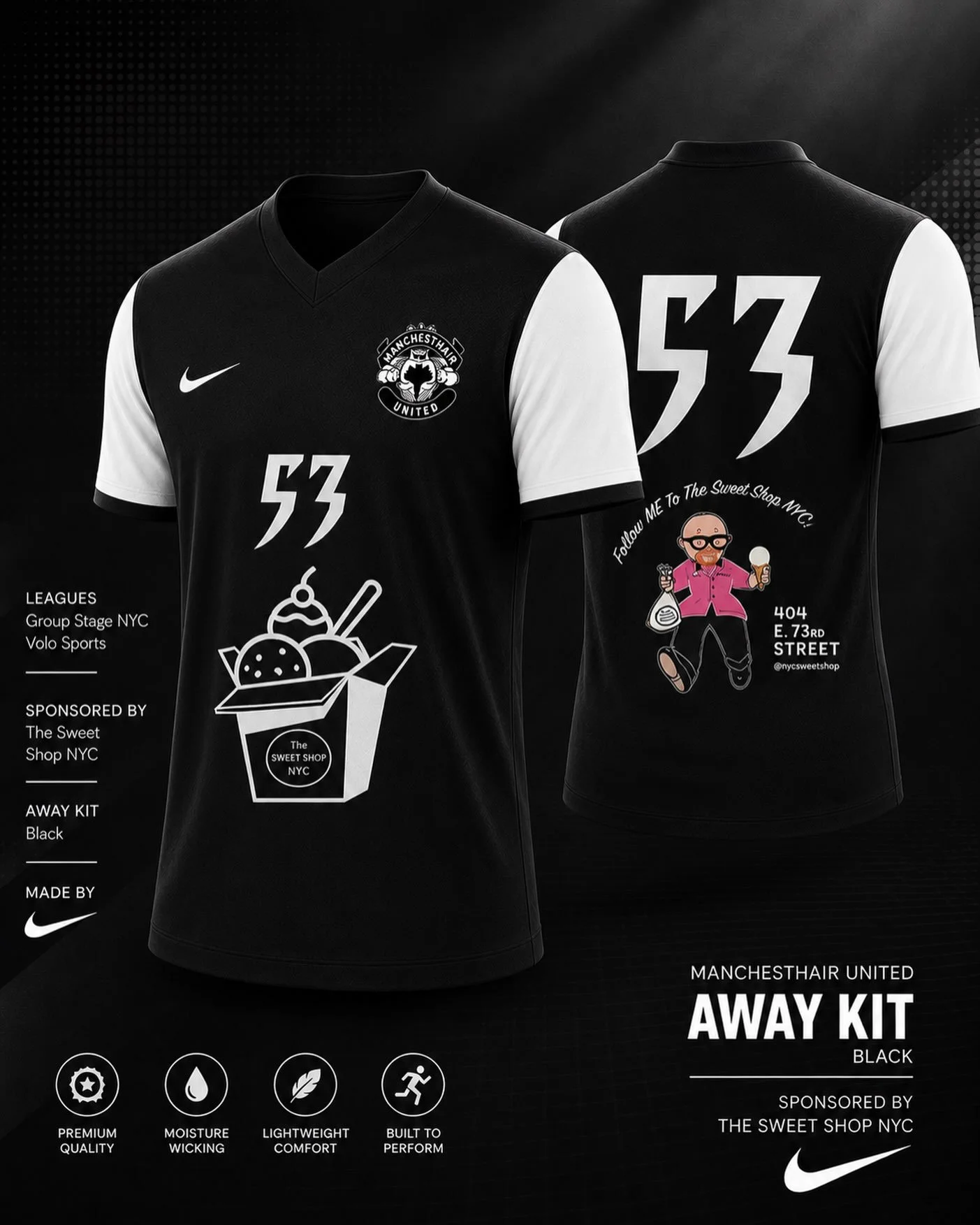 AWAY KIT. 🖤
Blackout mode: activated.
Different shirt. Same chaos. 😈⚽️
Sponsored by @thesweetshopnyc 

#ManChestHairUnited #AwayKit #TheSweetShopNYC #blackoutkit