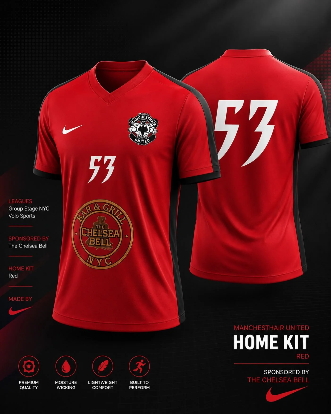 HOME KIT. ❤️&zwj;🔥
Red on. Game face on.
ManChestHair United. Built for NYC. ⚽️
Sponsored by @thechelseabell 

#ManChestHairUnited #HomeKit #NYCFooty #VoloSports #TheChelseaBell