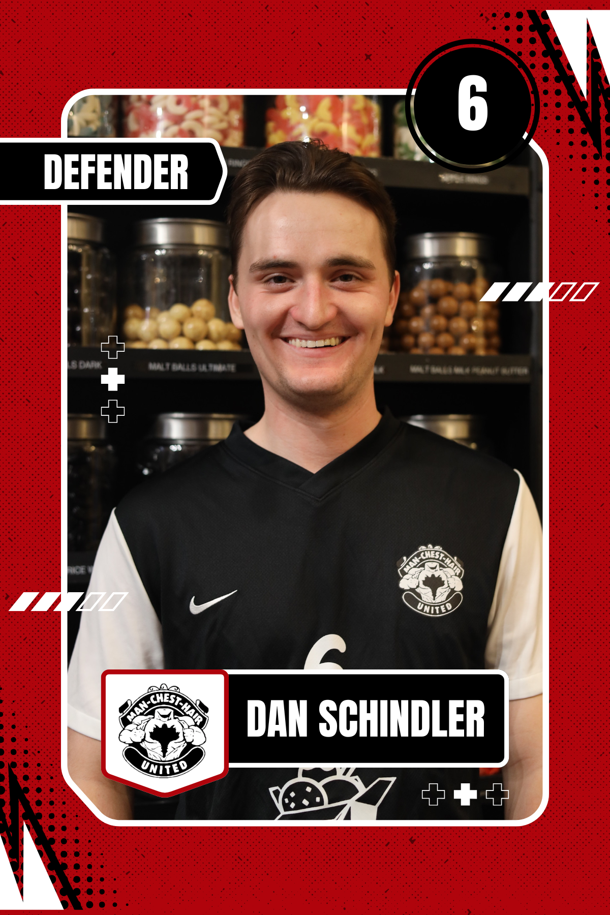 Digital soccer card featuring smiling man in black and white jersey, sponsor logos, against store shelves with jars of candy in the background, decorative red and black border with text 'Defender', number 6, and team logo.