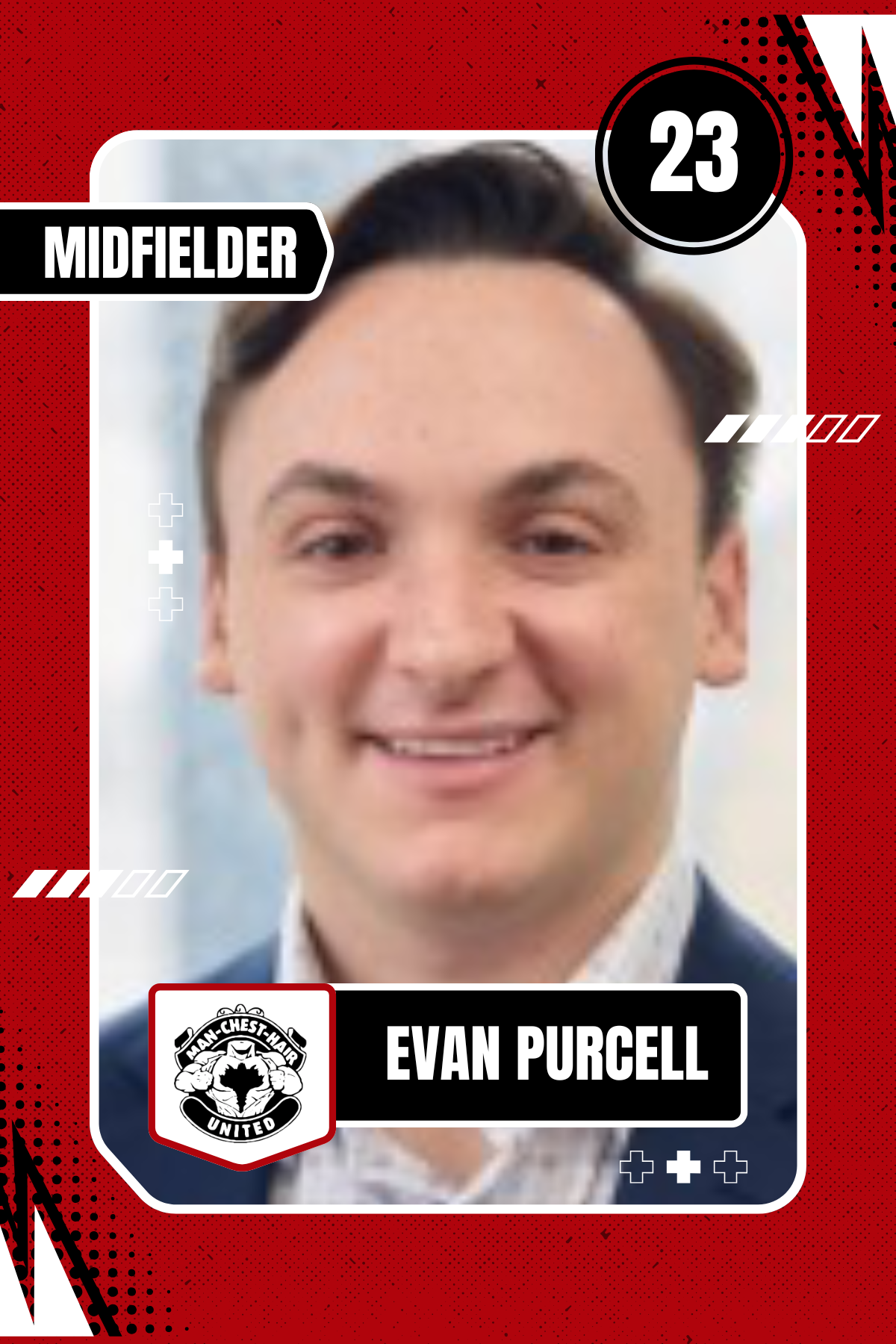 A digital sports trading card featuring Evan Purcell, a midfielder for Man-Chest-Hair United. The card has a red and black background with a photo of Evan Purcell smiling, wearing a suit. The number 23 appears in the top right corner, and the team logo is in the bottom left corner.